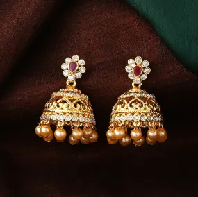 Estele Gold Plated CZ Elegant Jhumka Earrings with Pearl & Pink Crystals for Women