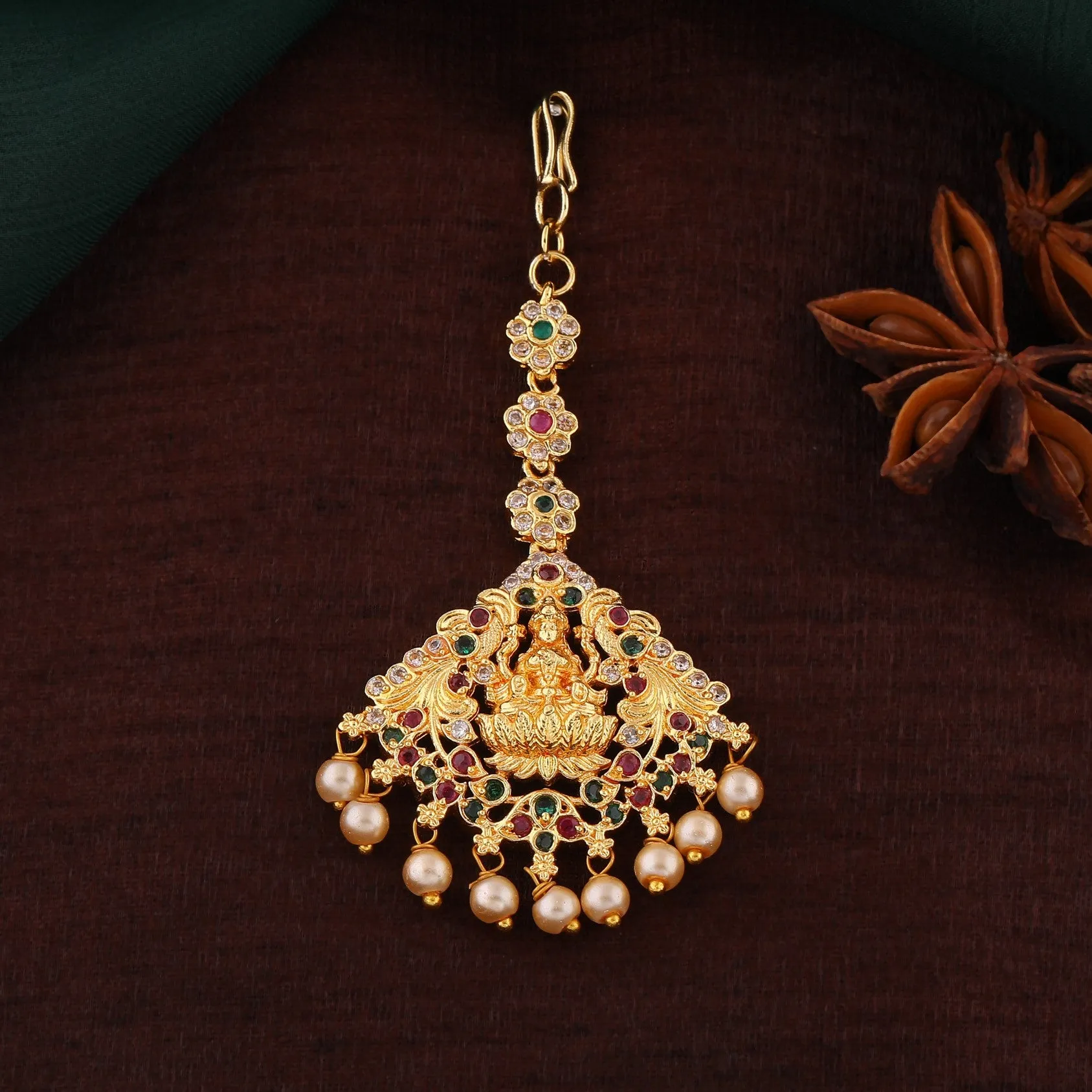 Estele Gold Plated CZ Enchanting Lakshmi Ji Designer Maang Tikka with Pearls for Women