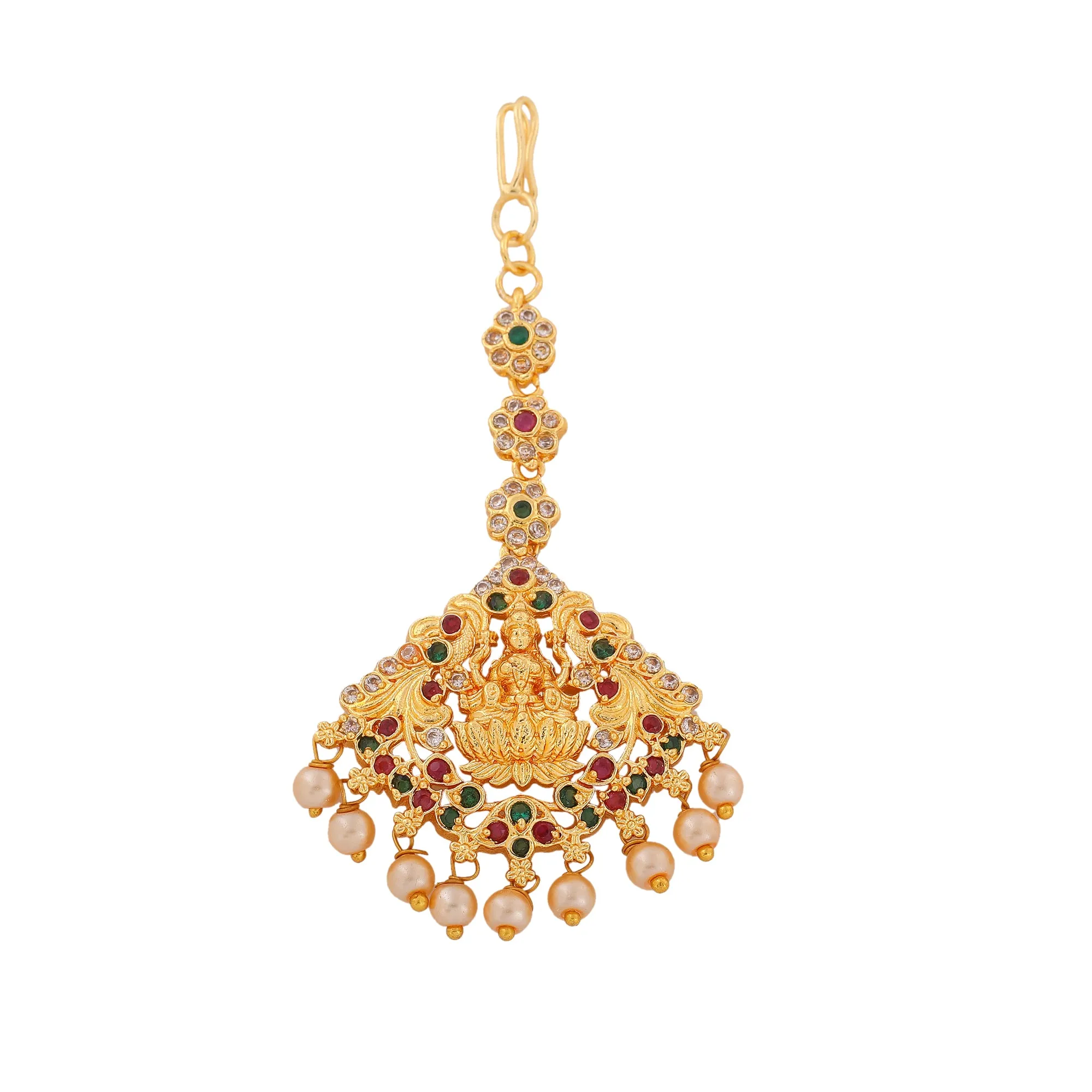 Estele Gold Plated CZ Enchanting Lakshmi Ji Designer Maang Tikka with Pearls for Women