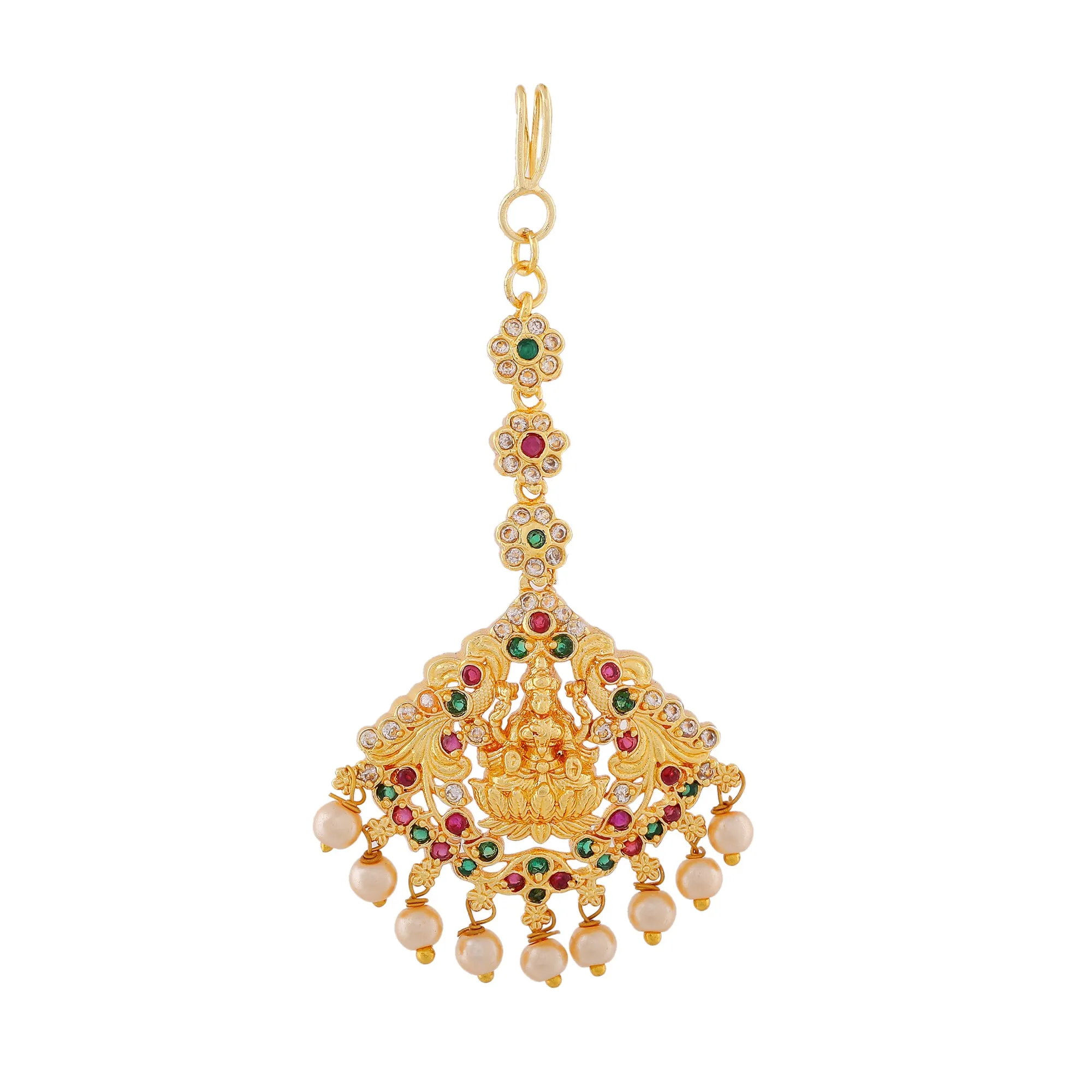 Estele Gold Plated CZ Enchanting Lakshmi Ji Designer Maang Tikka with Pearls for Women