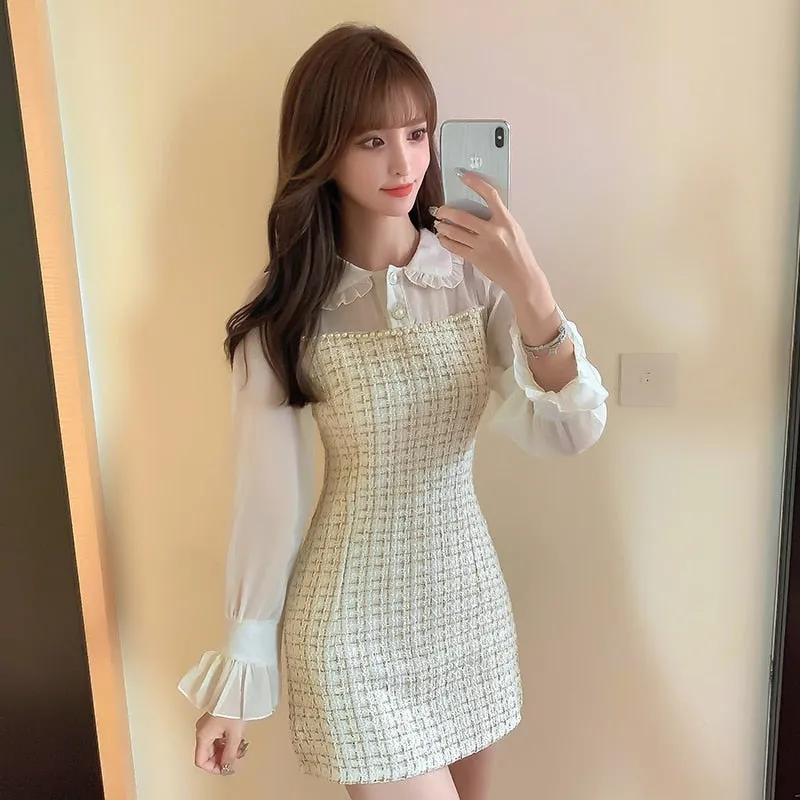 Fashion Women Woollen Dress Autumn Winter Plaid Tweed Patchwork Chiffon Peter Pan Collar A Line Short Dress