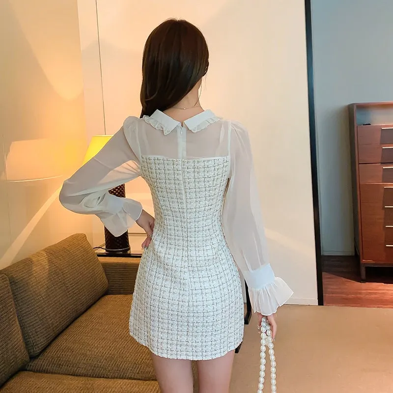 Fashion Women Woollen Dress Autumn Winter Plaid Tweed Patchwork Chiffon Peter Pan Collar A Line Short Dress