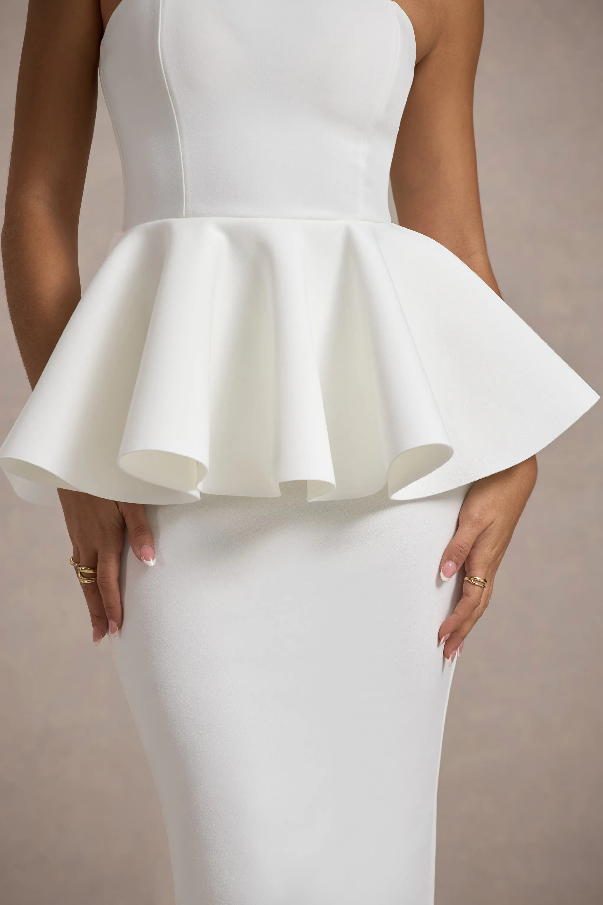 First Dance | Robe mi-longue en peplum blanche encolure bandeau