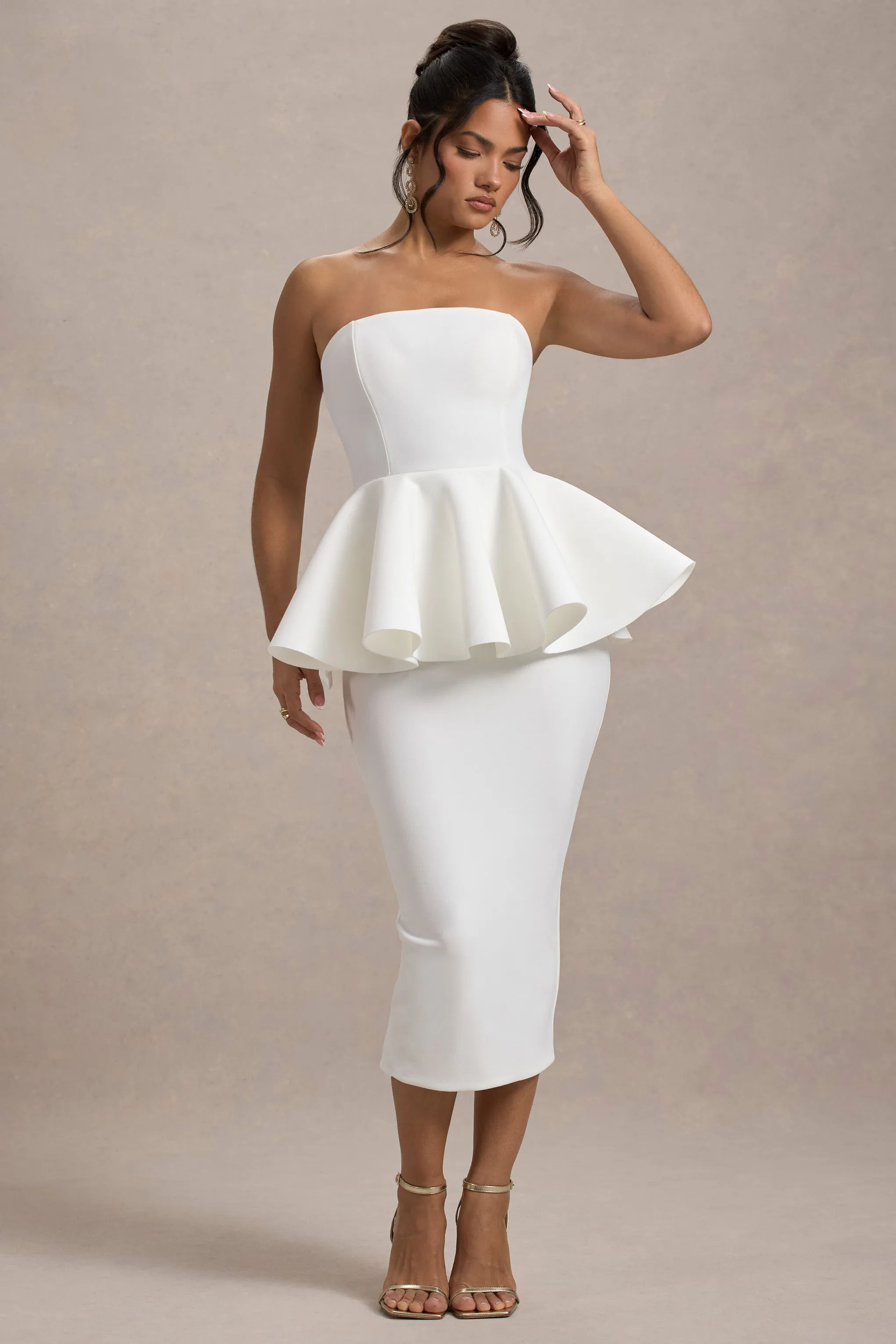 First Dance | Robe mi-longue en peplum blanche encolure bandeau