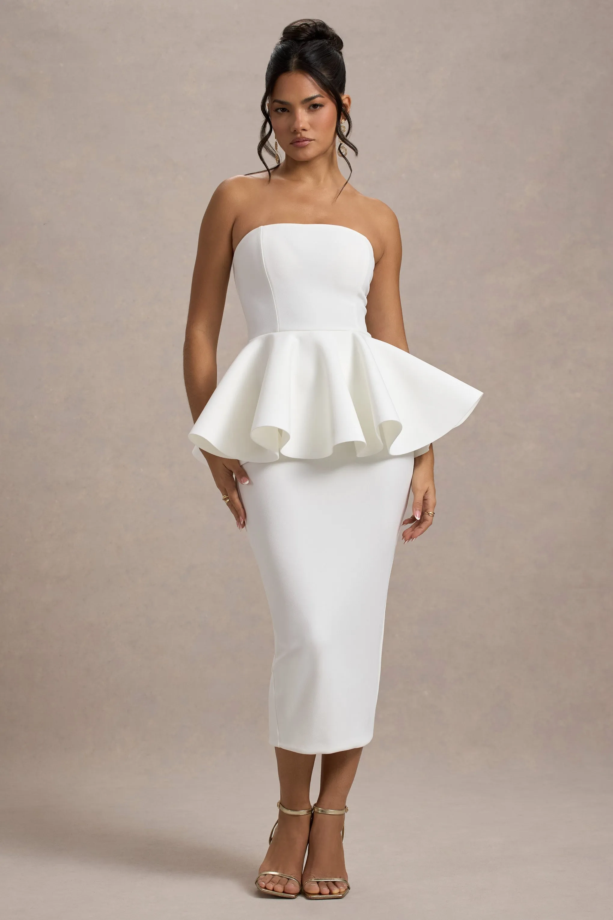 First Dance | Robe mi-longue en peplum blanche encolure bandeau