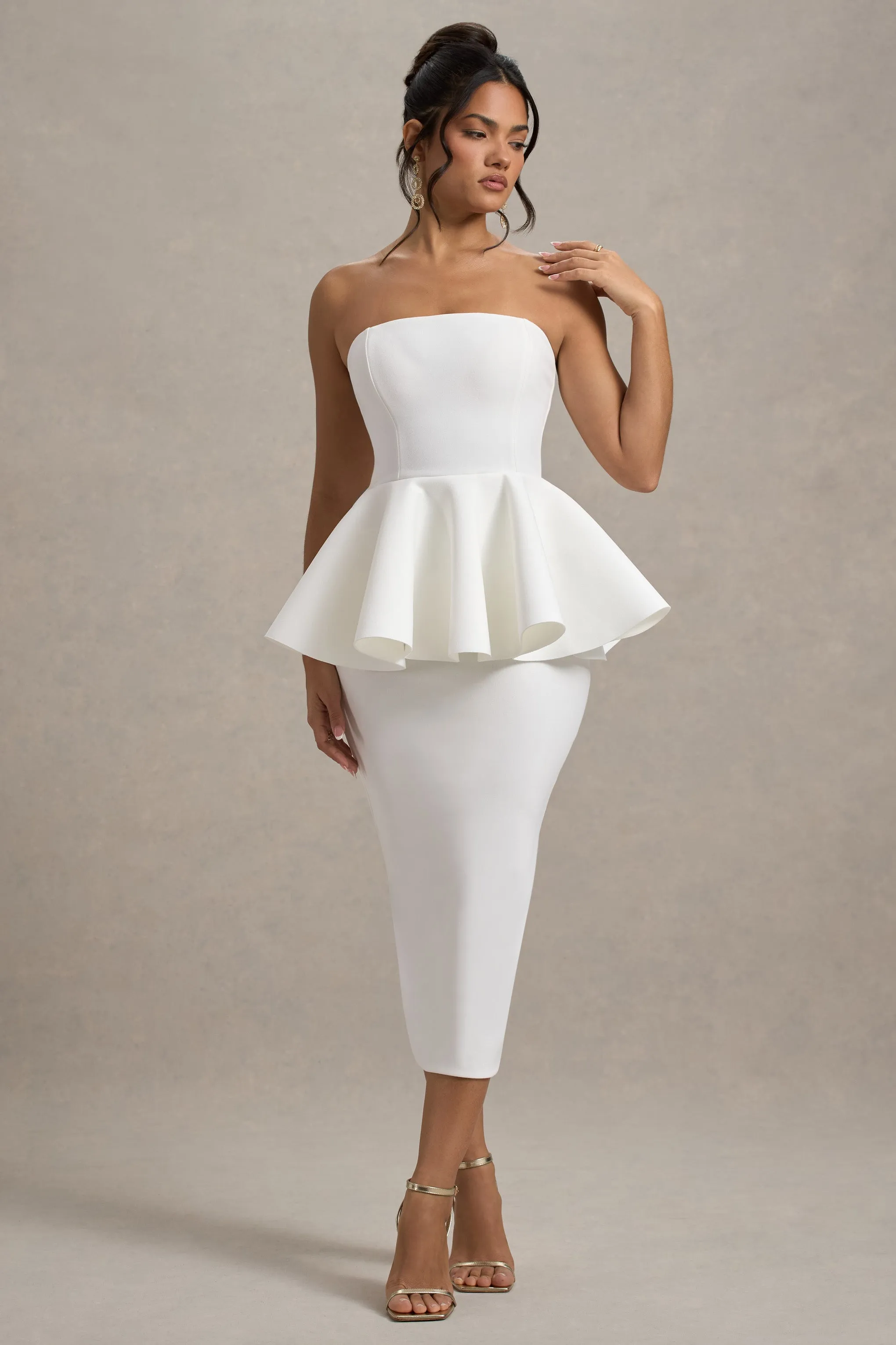 First Dance | Robe mi-longue en peplum blanche encolure bandeau