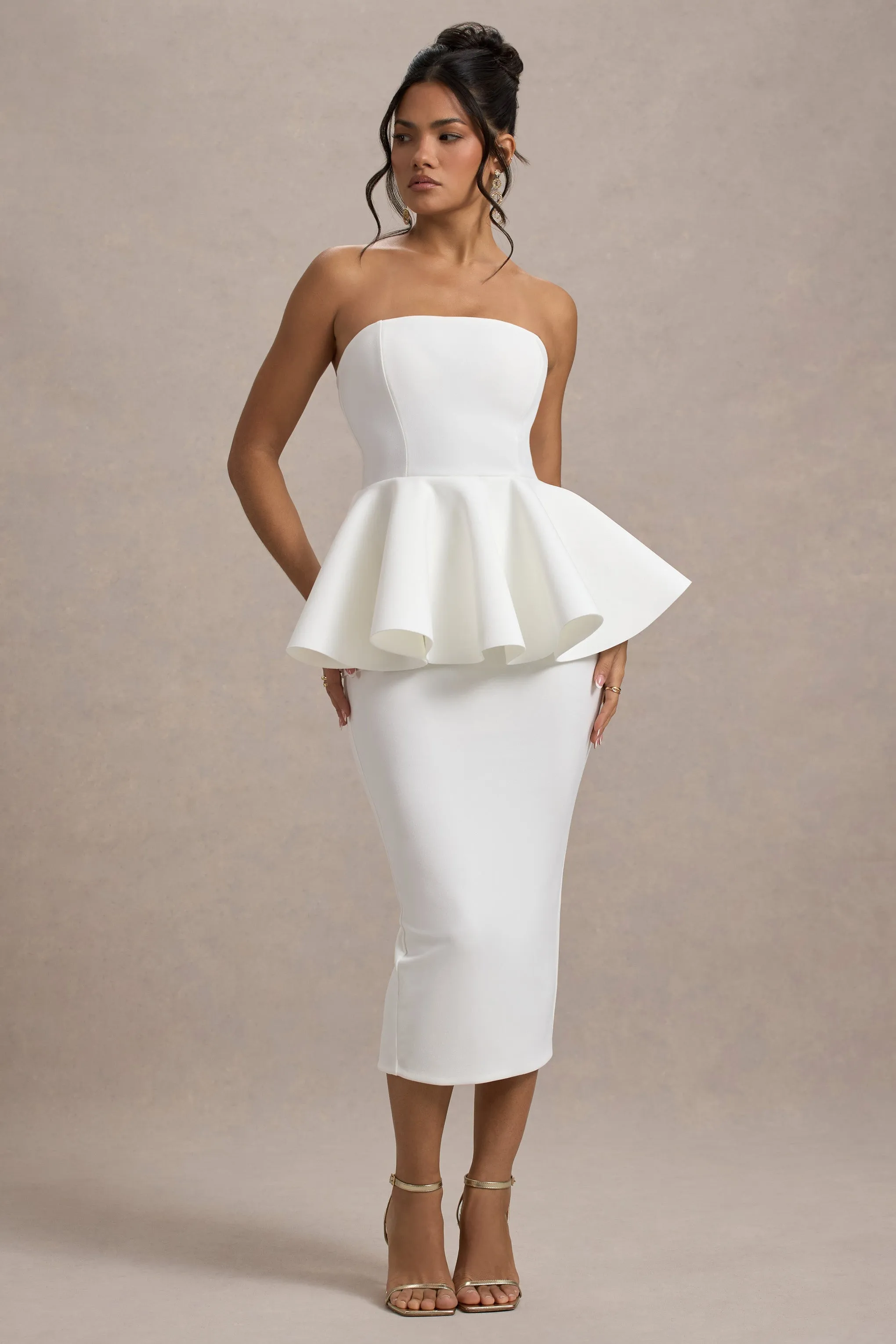 First Dance | Robe mi-longue en peplum blanche encolure bandeau