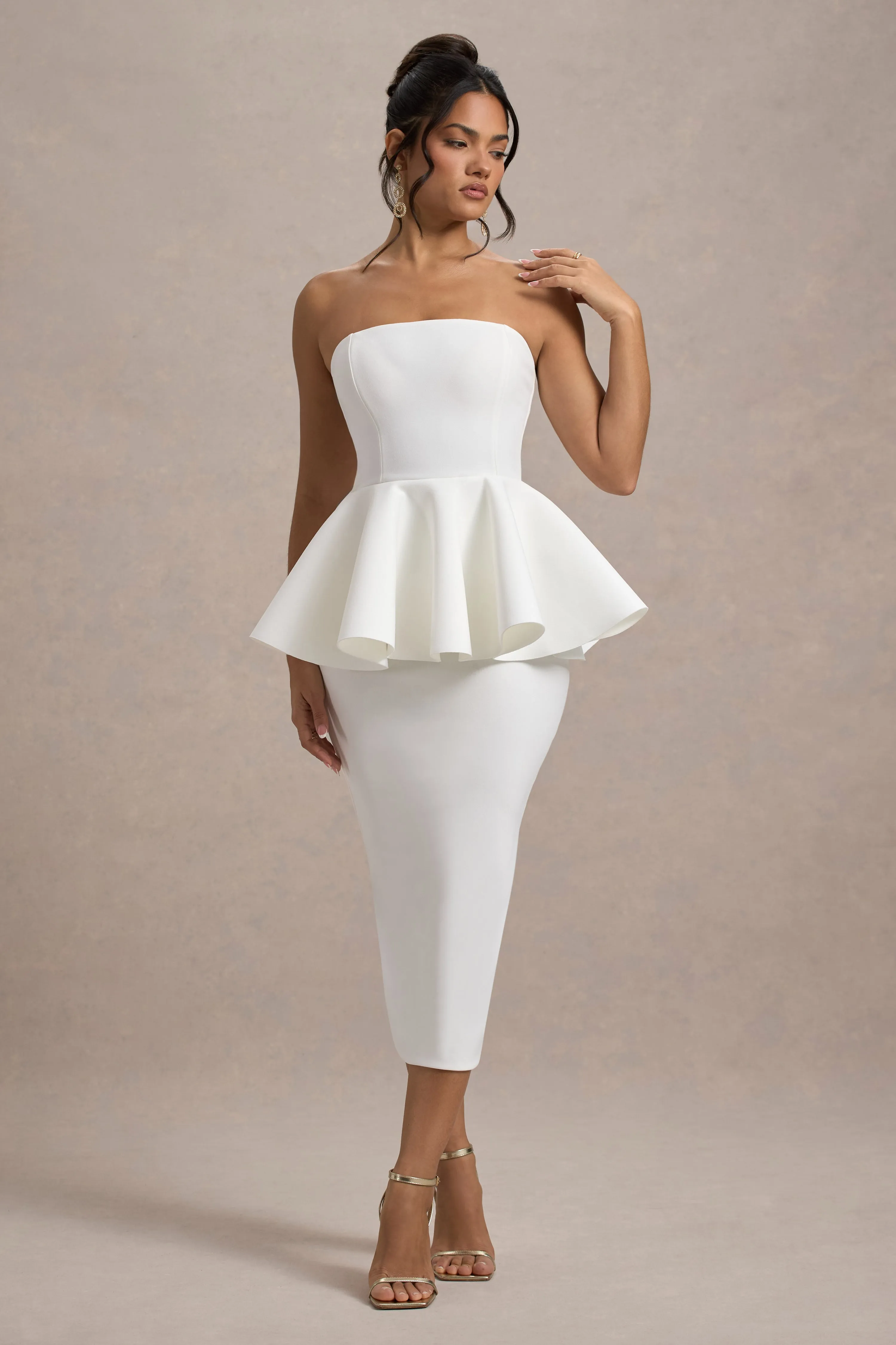 First Dance | Robe mi-longue en peplum blanche encolure bandeau