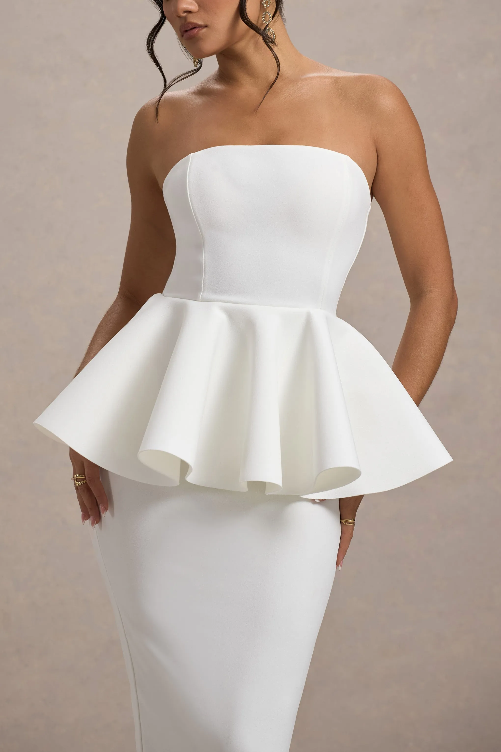 First Dance | Robe mi-longue en peplum blanche encolure bandeau