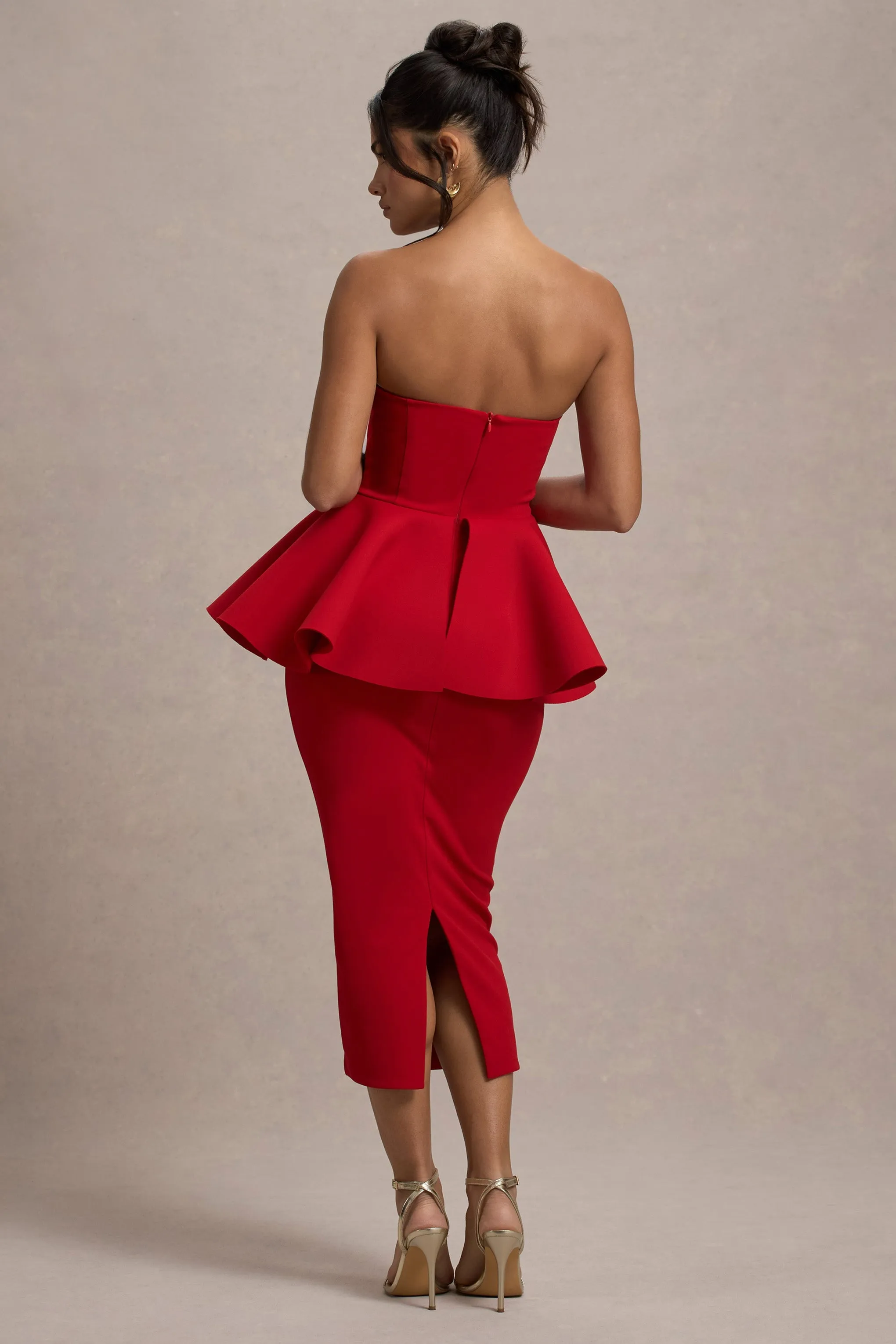 First Dance | Robe mi-longue en peplum rouge encolure bandeau