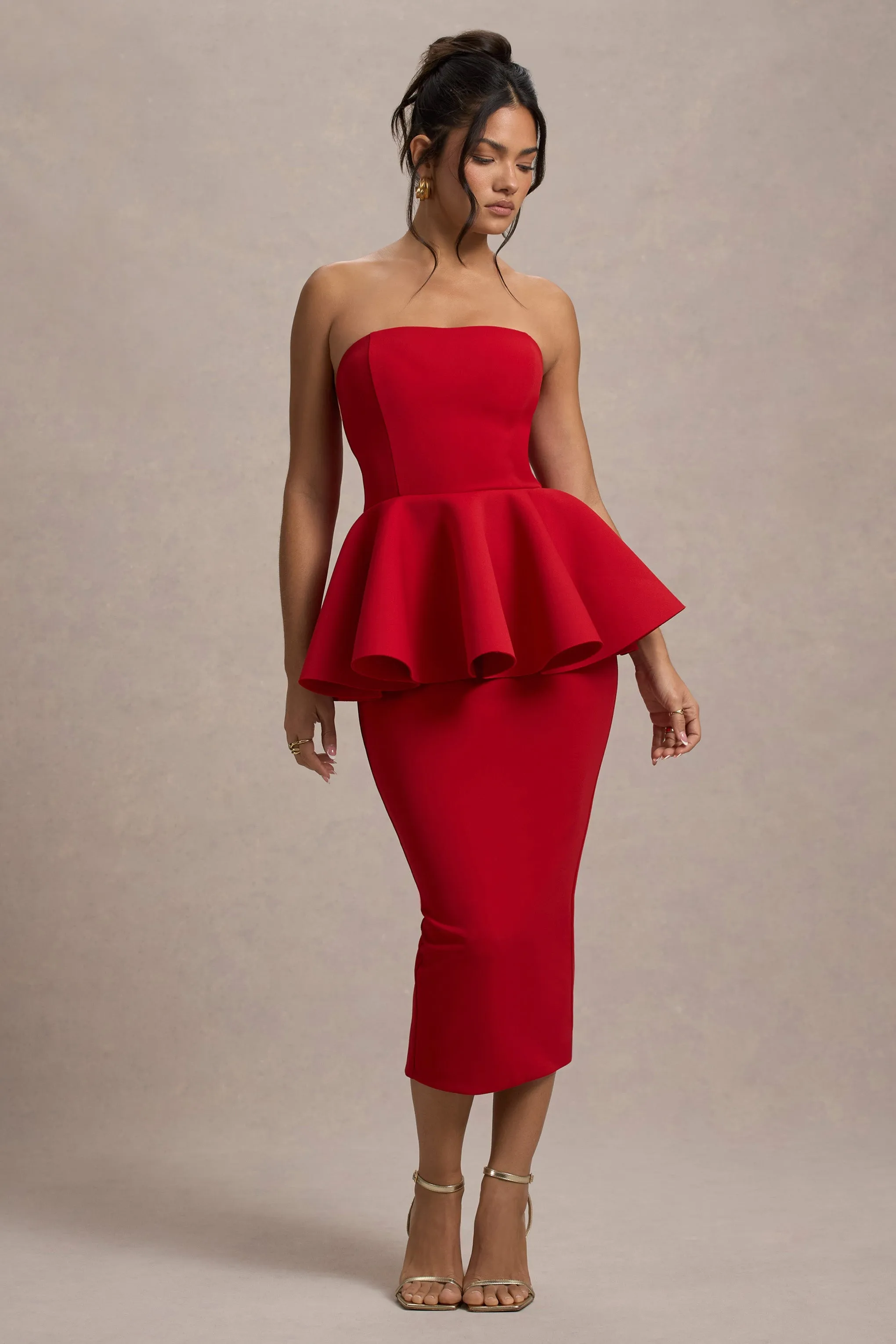 First Dance | Robe mi-longue en peplum rouge encolure bandeau