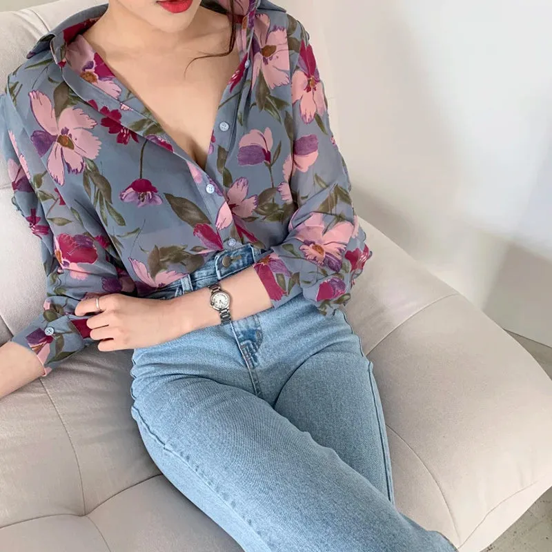 Floral-Pattern Chiffon Blouse With Buttons