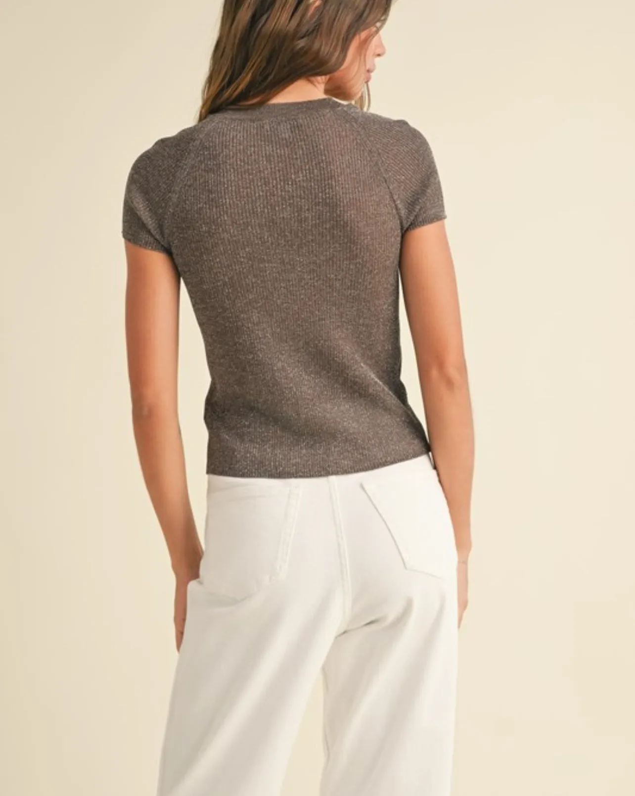 Fran Metallic Ribbed Knitted Short Sleeve Top