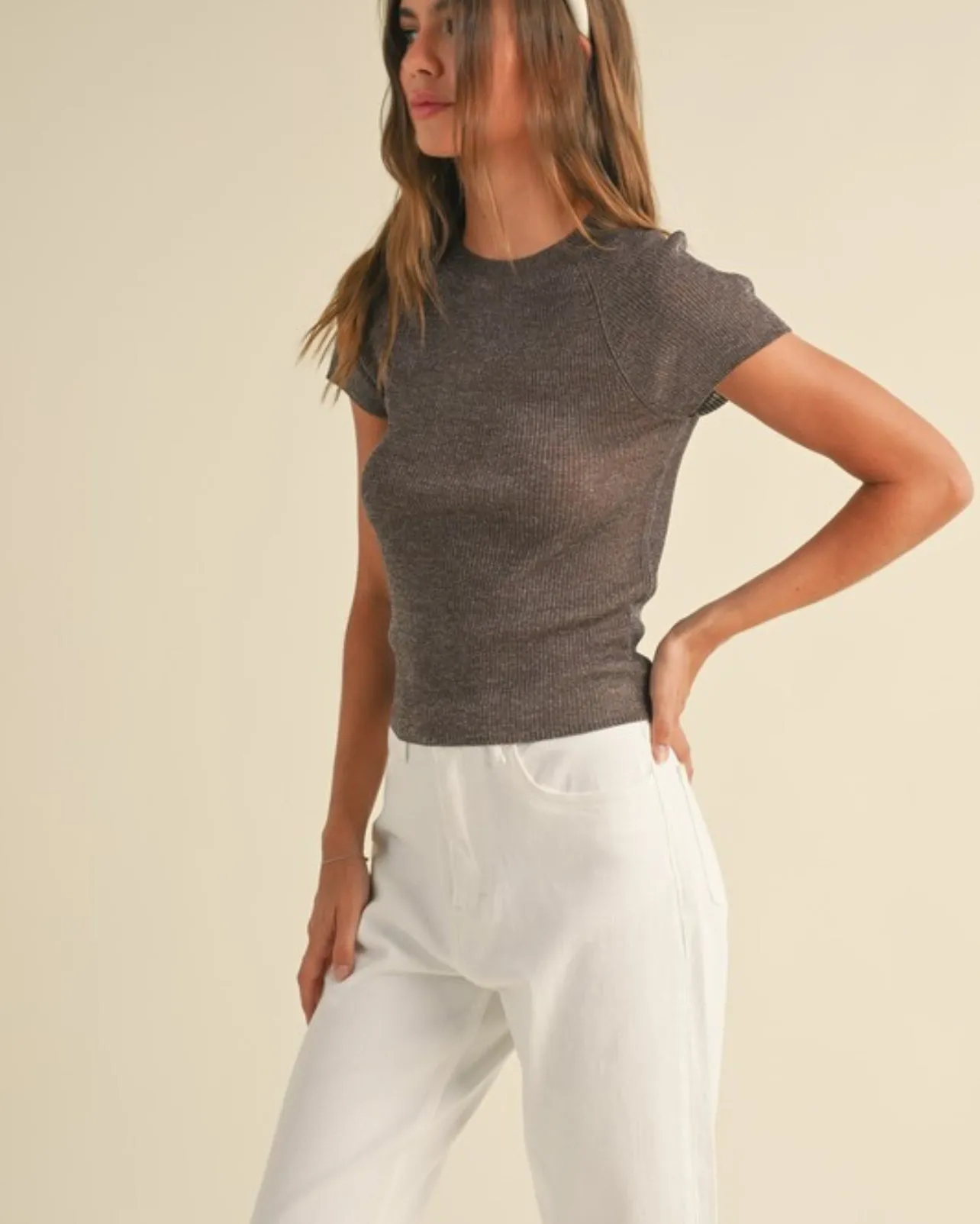 Fran Metallic Ribbed Knitted Short Sleeve Top