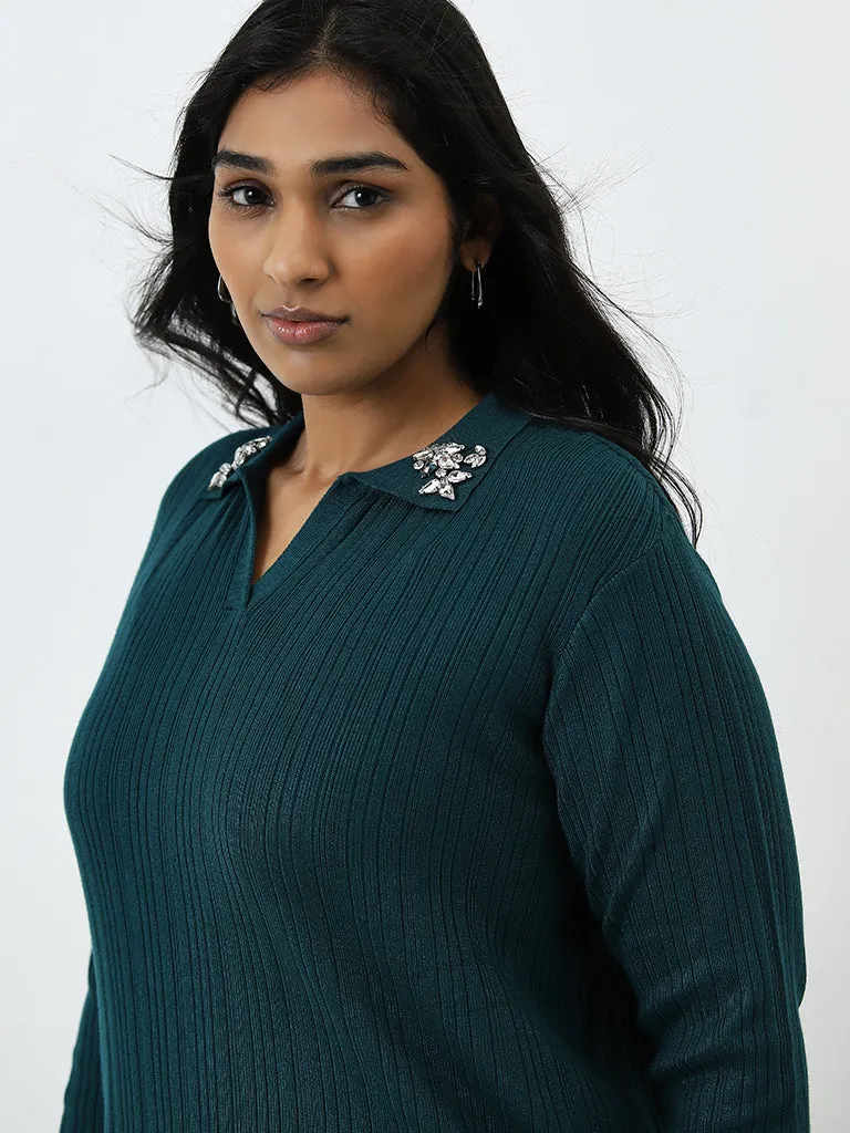 Gia Dark Teal Ribbed Embellished Sweater