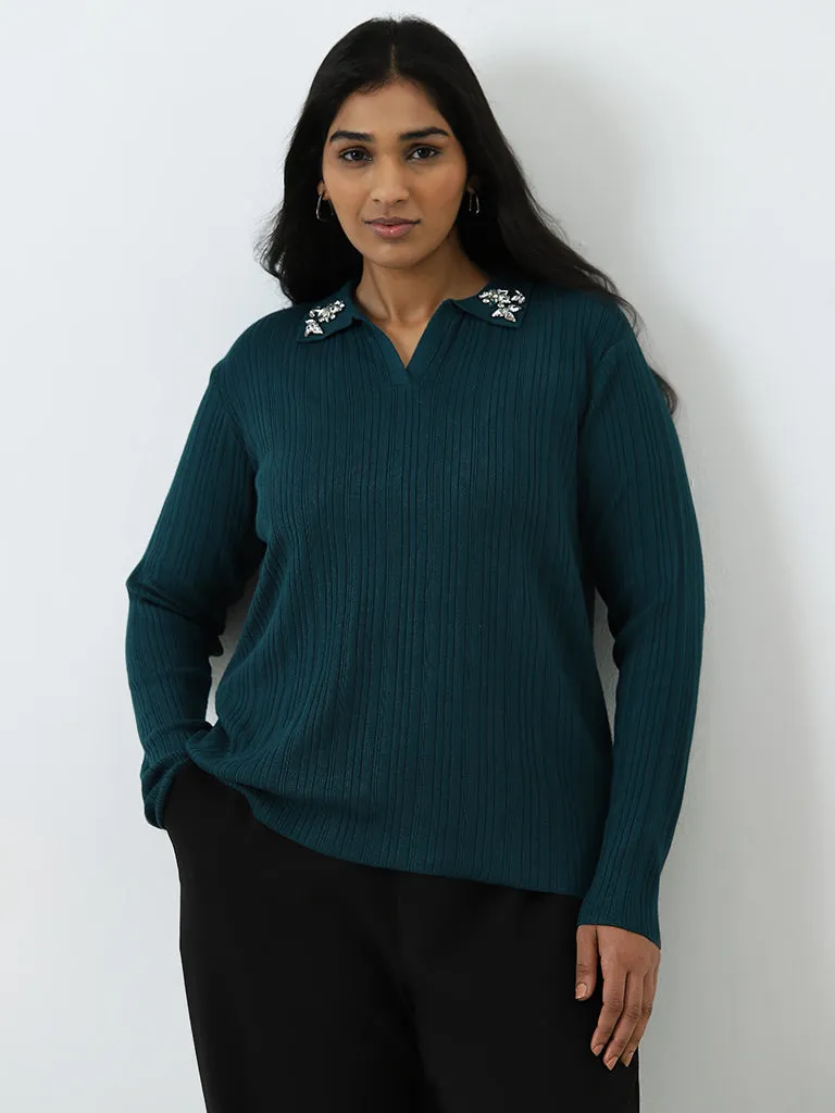 Gia Dark Teal Ribbed Embellished Sweater