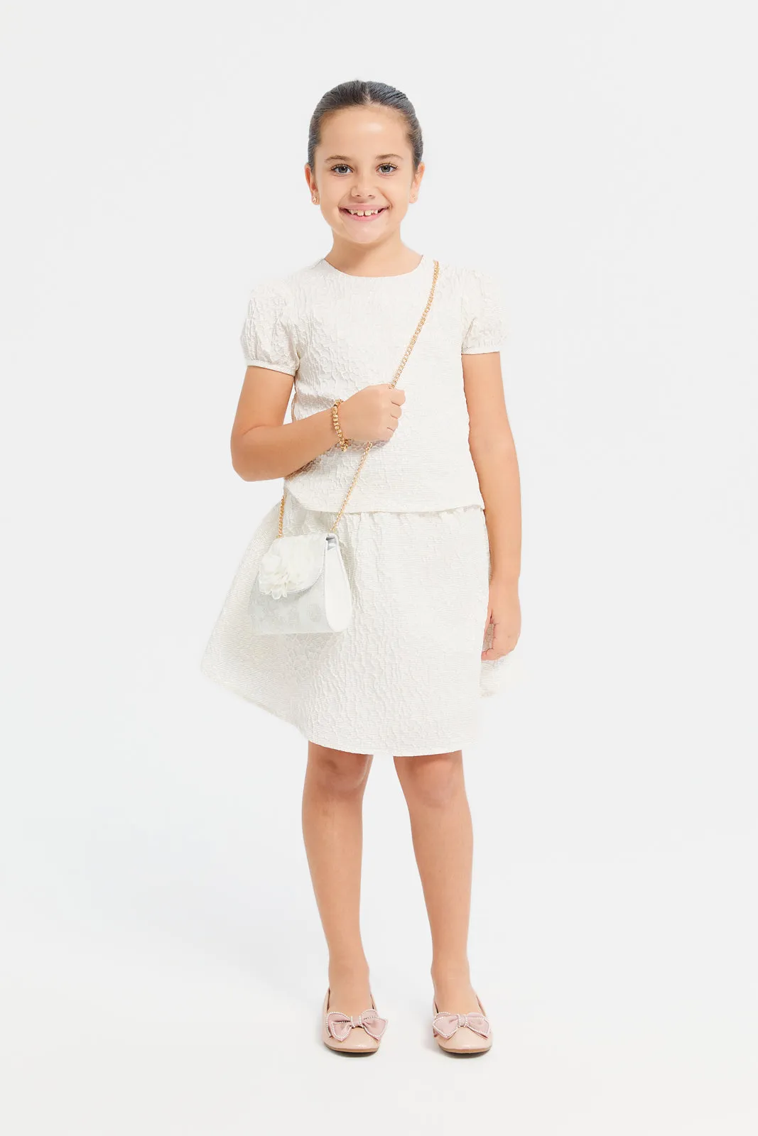 Girls Beige Jacquard Skirt