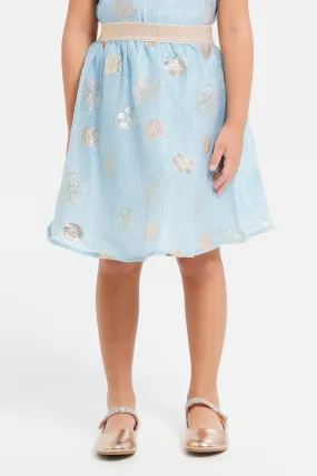 Girls Blue Floral Jacquard Embroidery Skirt