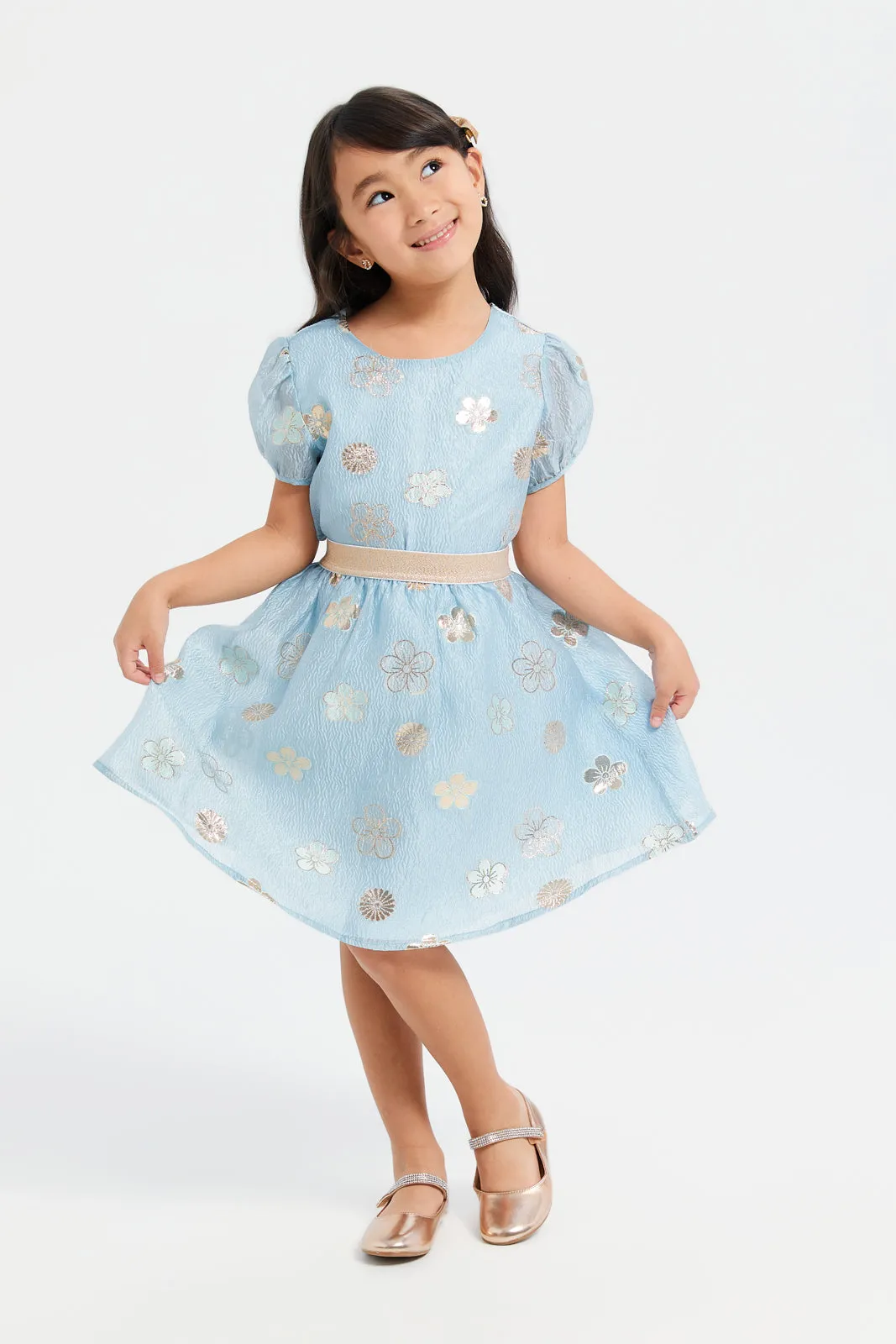 Girls Blue Floral Jacquard Embroidery Skirt