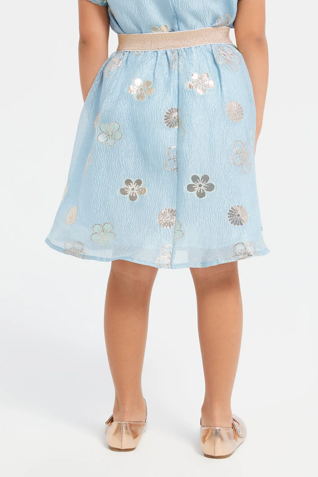 Girls Blue Floral Jacquard Embroidery Skirt