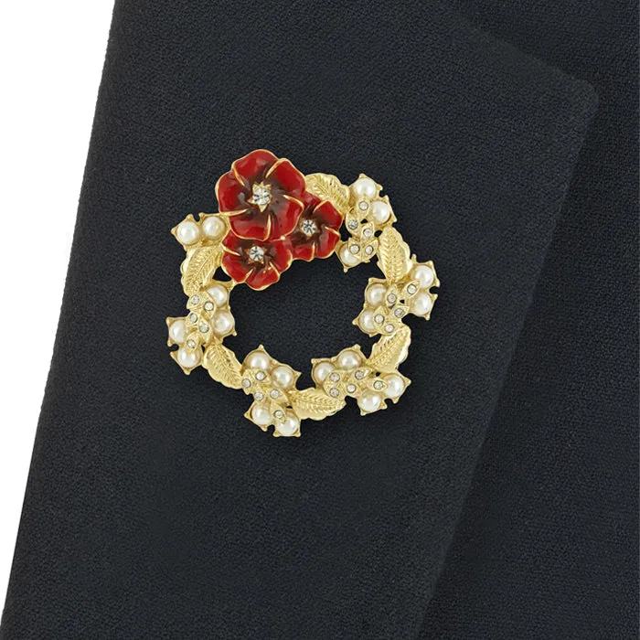 Golden Floral Poppy Wreath Brooch