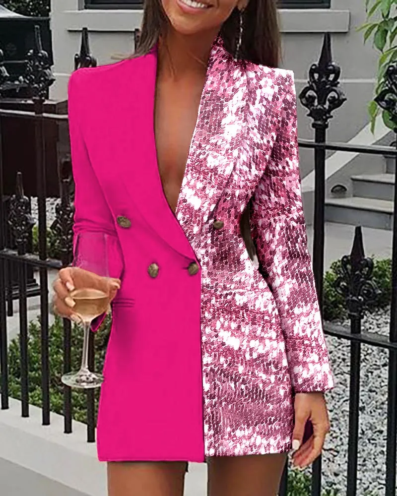 Graduation Party  Women Office Dress Colorblock Patchwork Long Sleeve Blazer Dress V Neck Sequins Double Breasted Blazer Dress