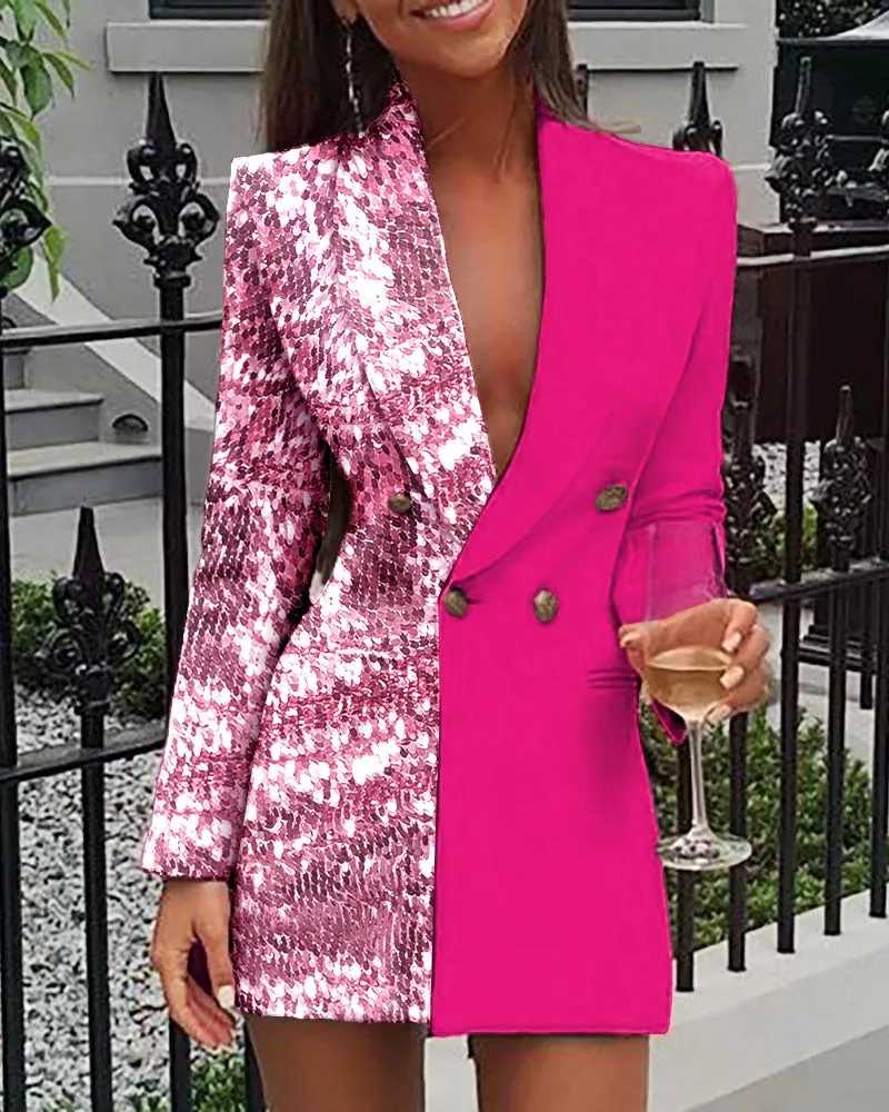 Graduation Party  Women Office Dress Colorblock Patchwork Long Sleeve Blazer Dress V Neck Sequins Double Breasted Blazer Dress