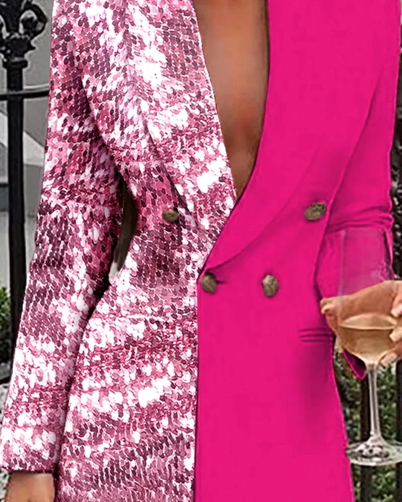 Graduation Party  Women Office Dress Colorblock Patchwork Long Sleeve Blazer Dress V Neck Sequins Double Breasted Blazer Dress