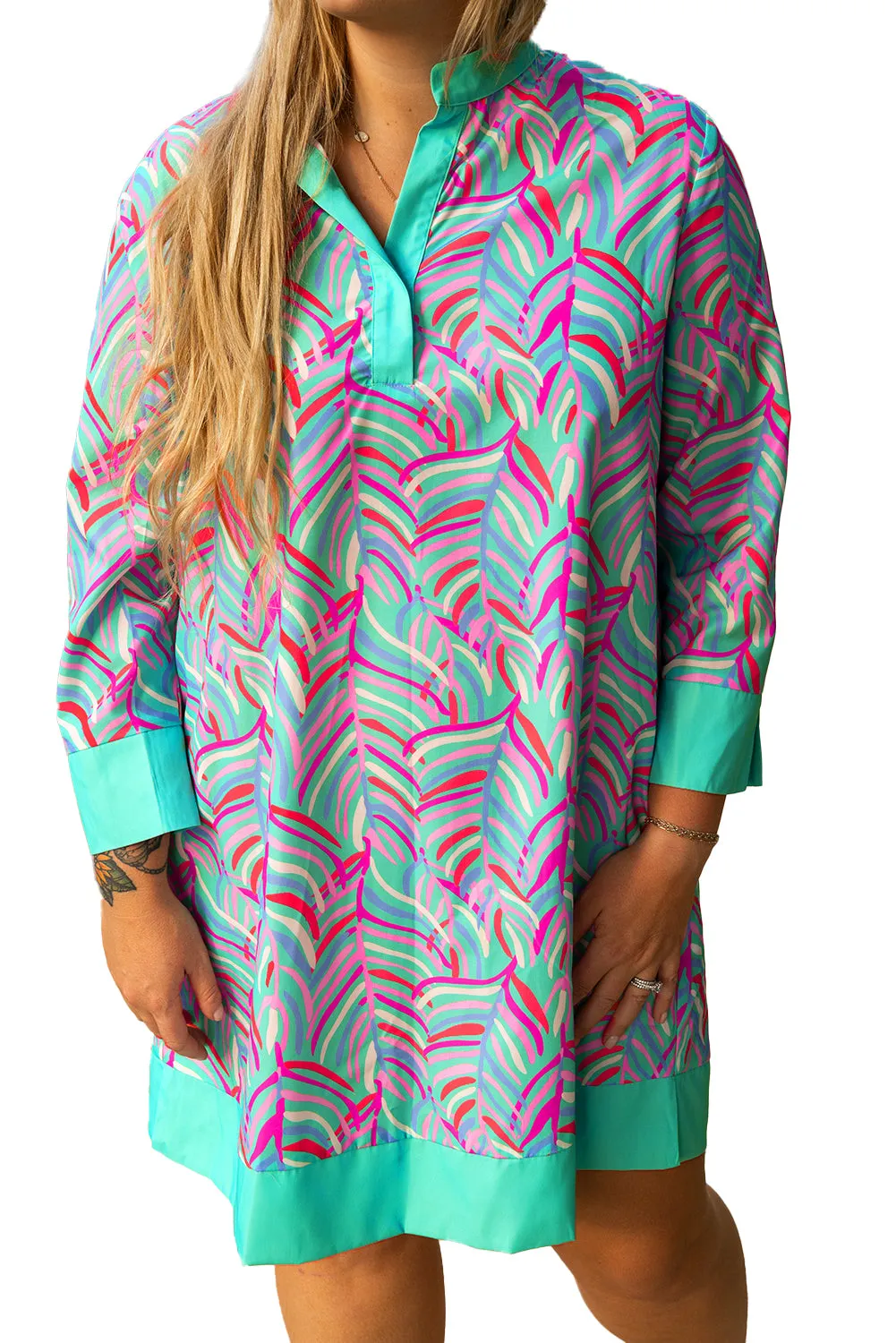 Green Abstract Print Contrast Trim Plus Size Mini Dress