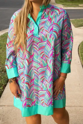 Green Abstract Print Contrast Trim Plus Size Mini Dress