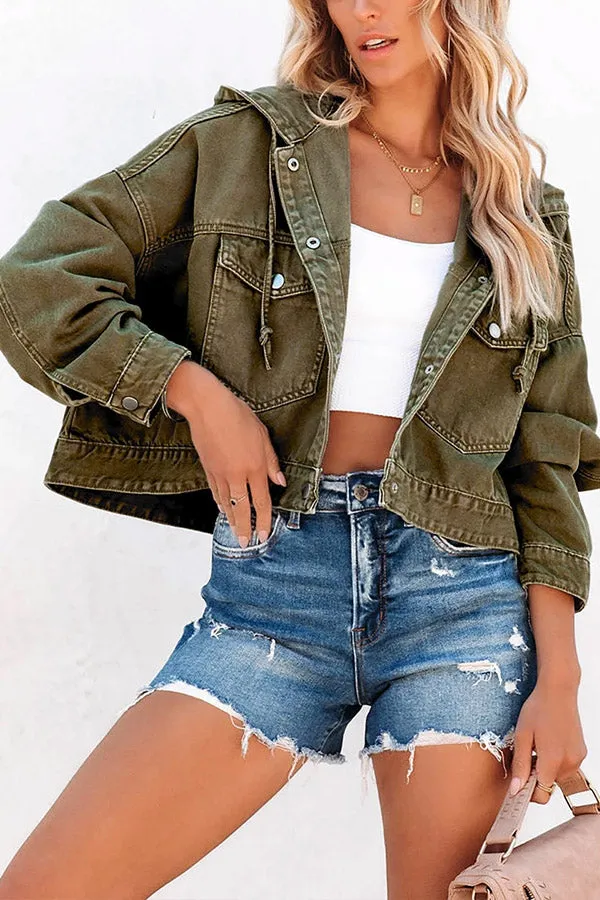 Green Large Pockets Casual Hooded Cropped Denim Jacket