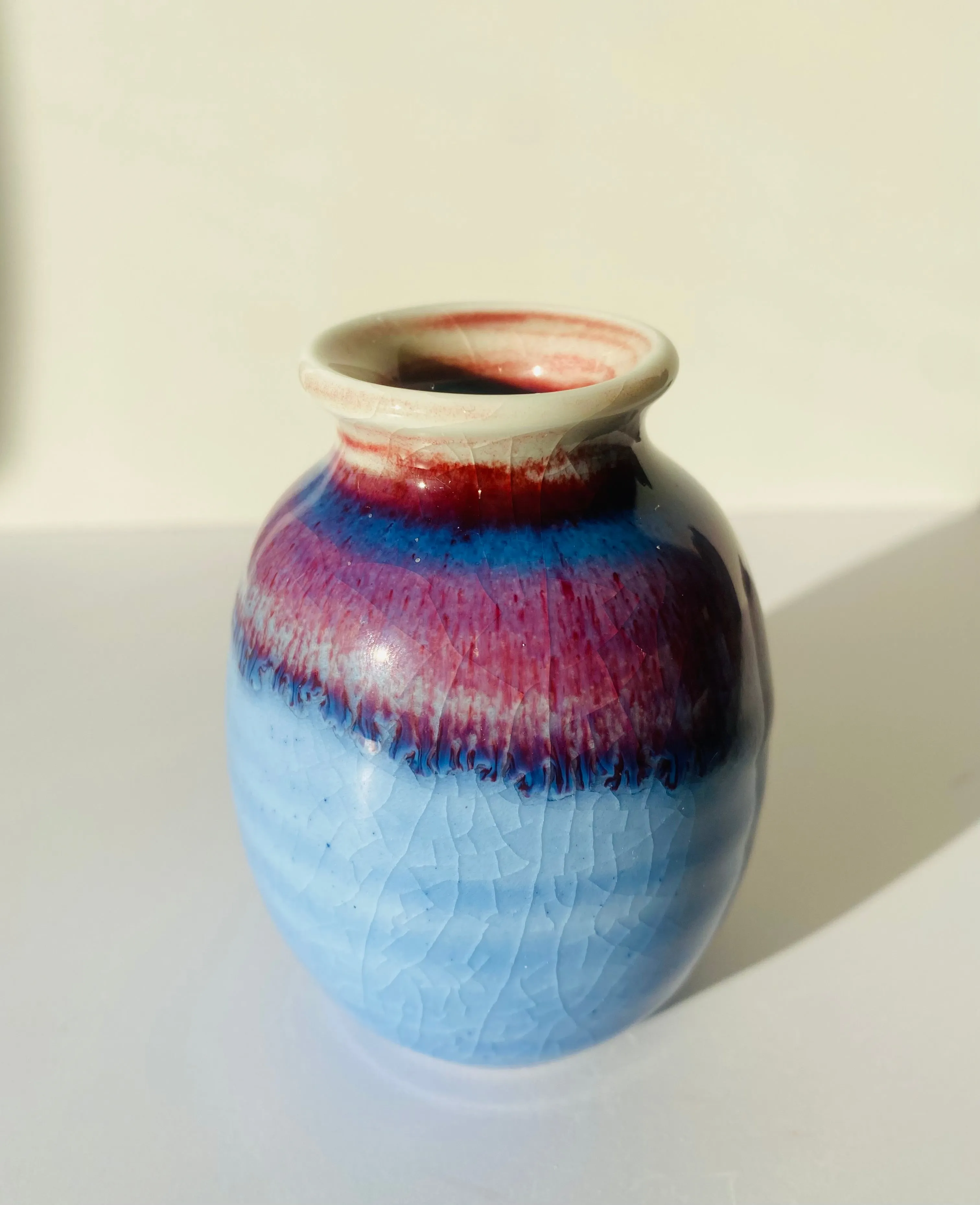 Handmade Blue Crackled Vases With Purple Drip Glaze