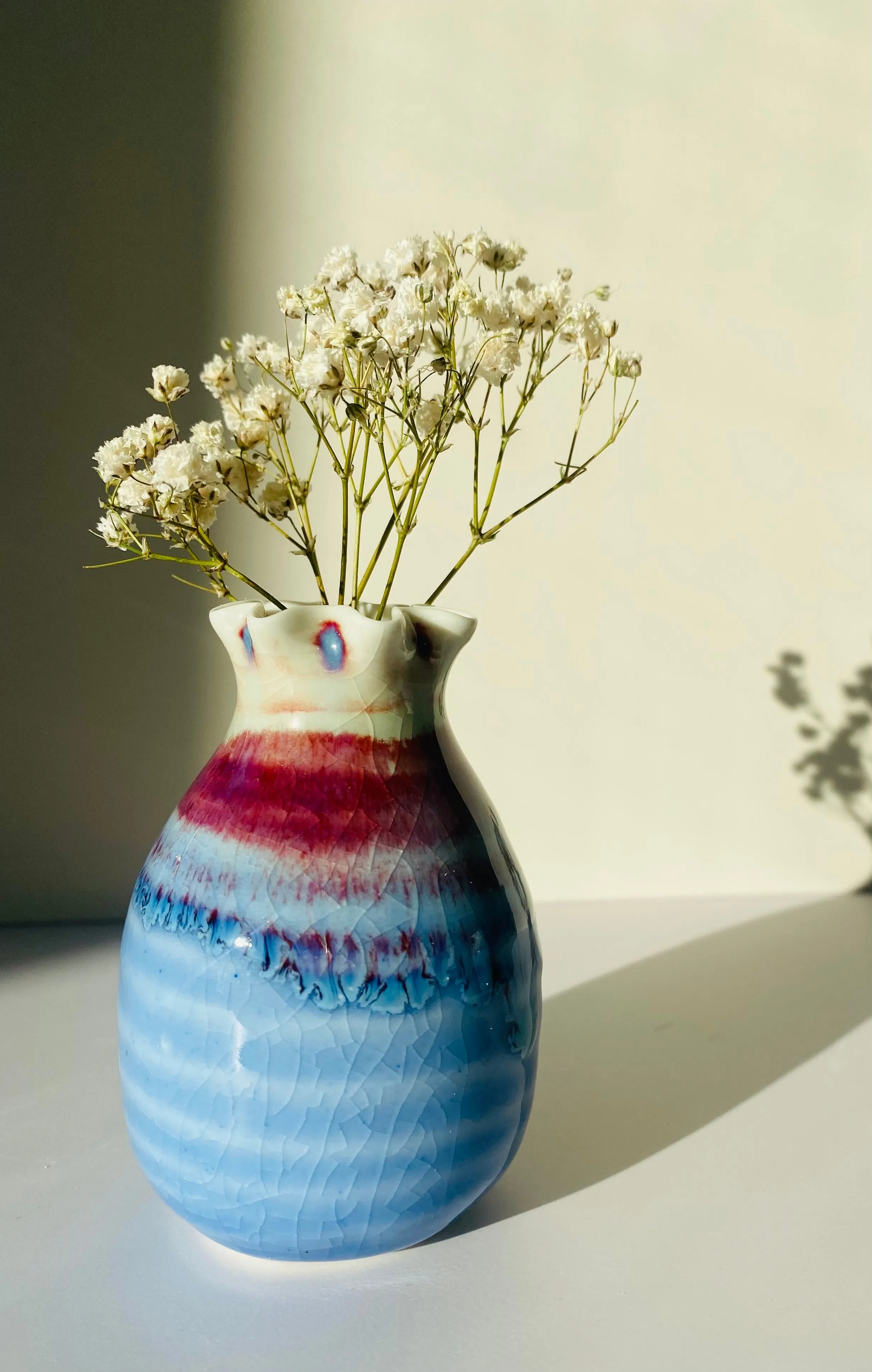 Handmade Blue Crackled Vases With Purple Drip Glaze