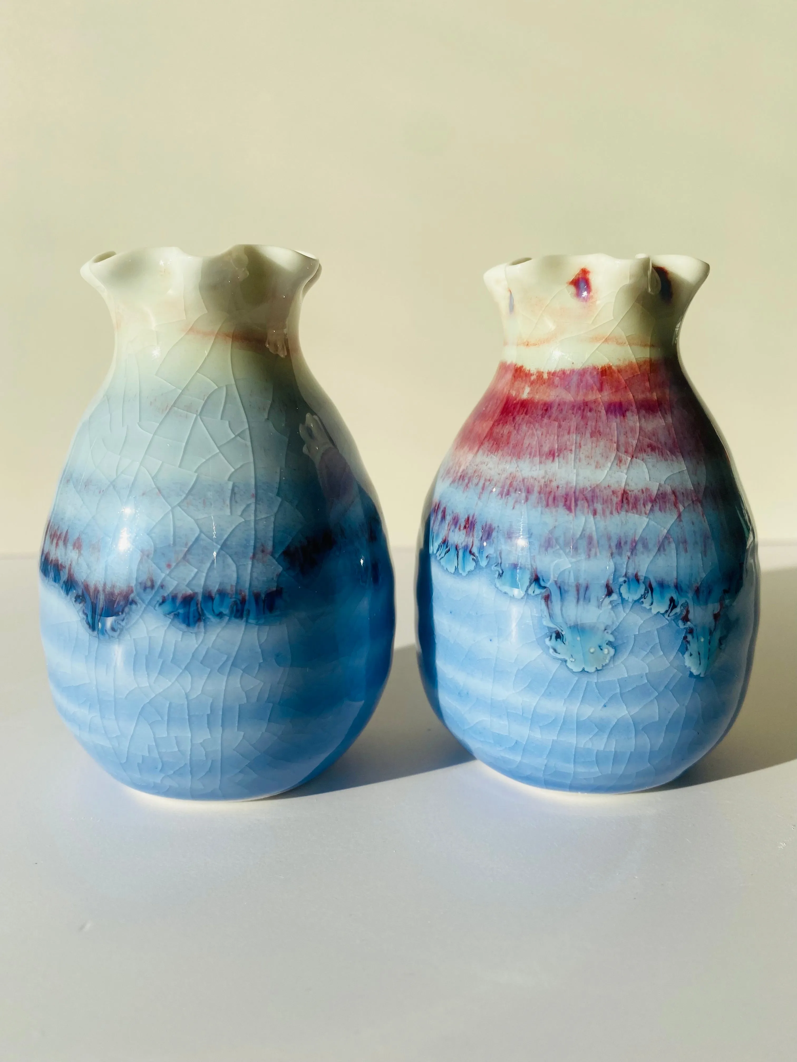 Handmade Blue Crackled Vases With Purple Drip Glaze