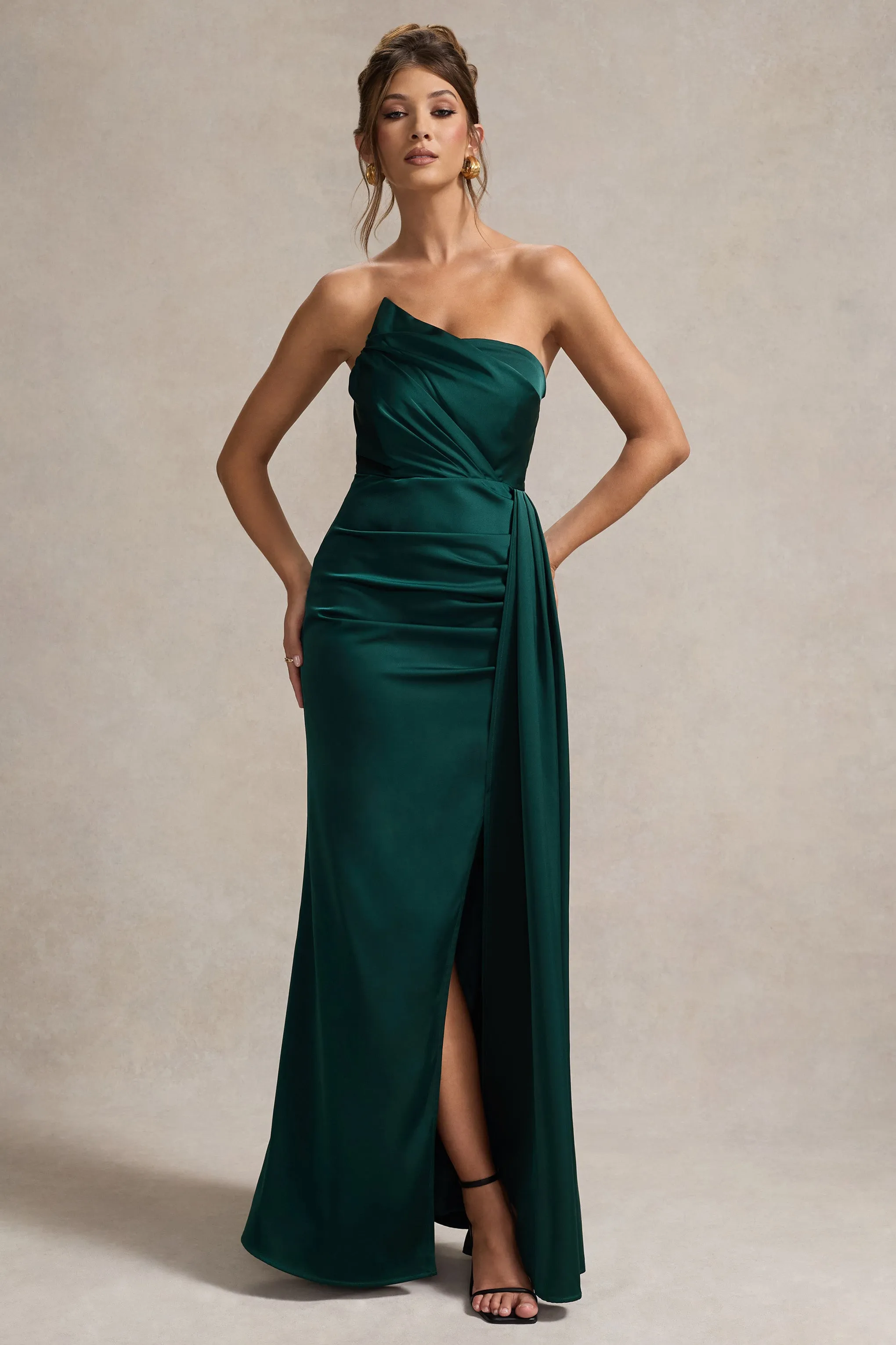 Hollywood | Robe longue bustier en satin vert bouteille avec drapé