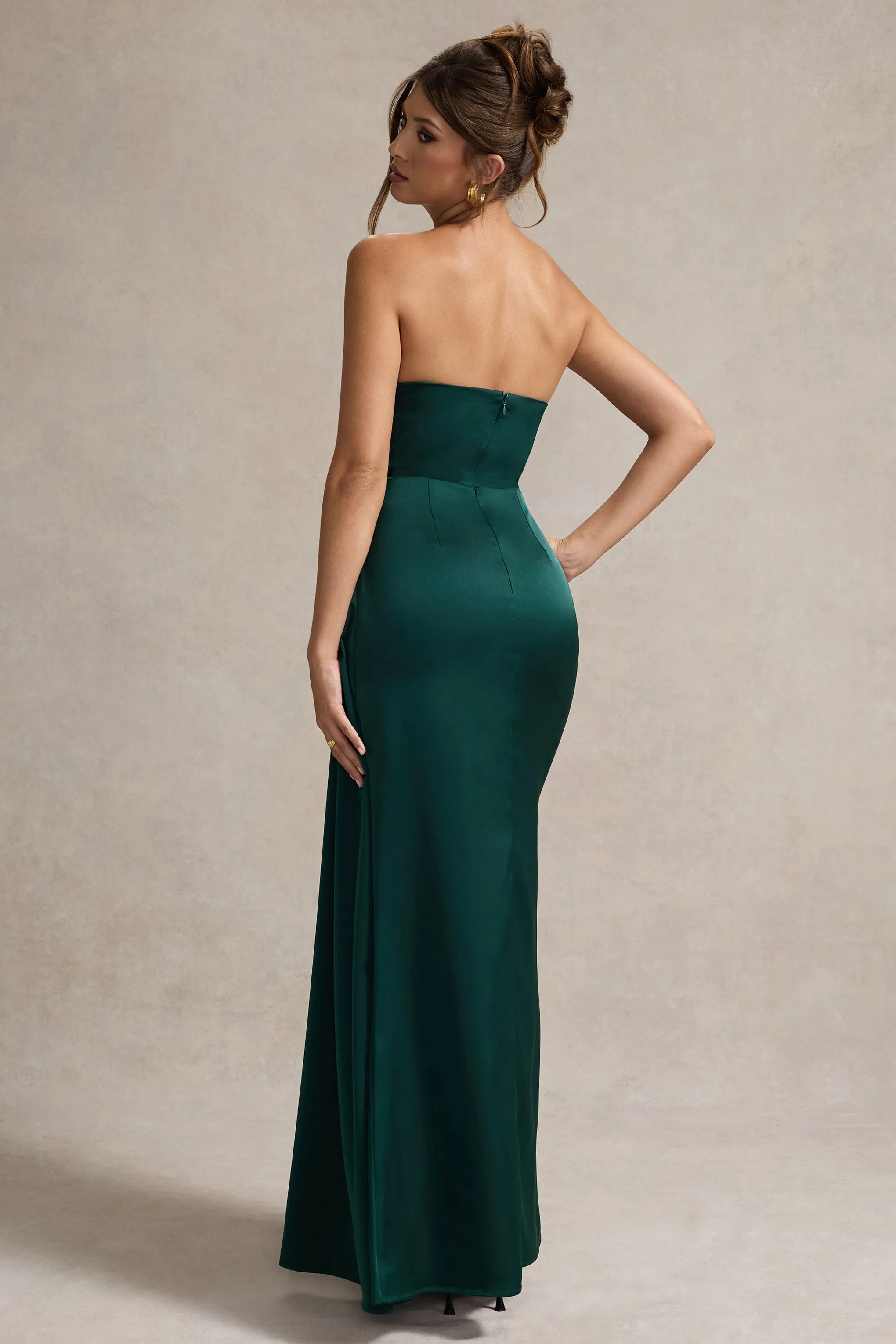 Hollywood | Robe longue bustier en satin vert bouteille avec drapé