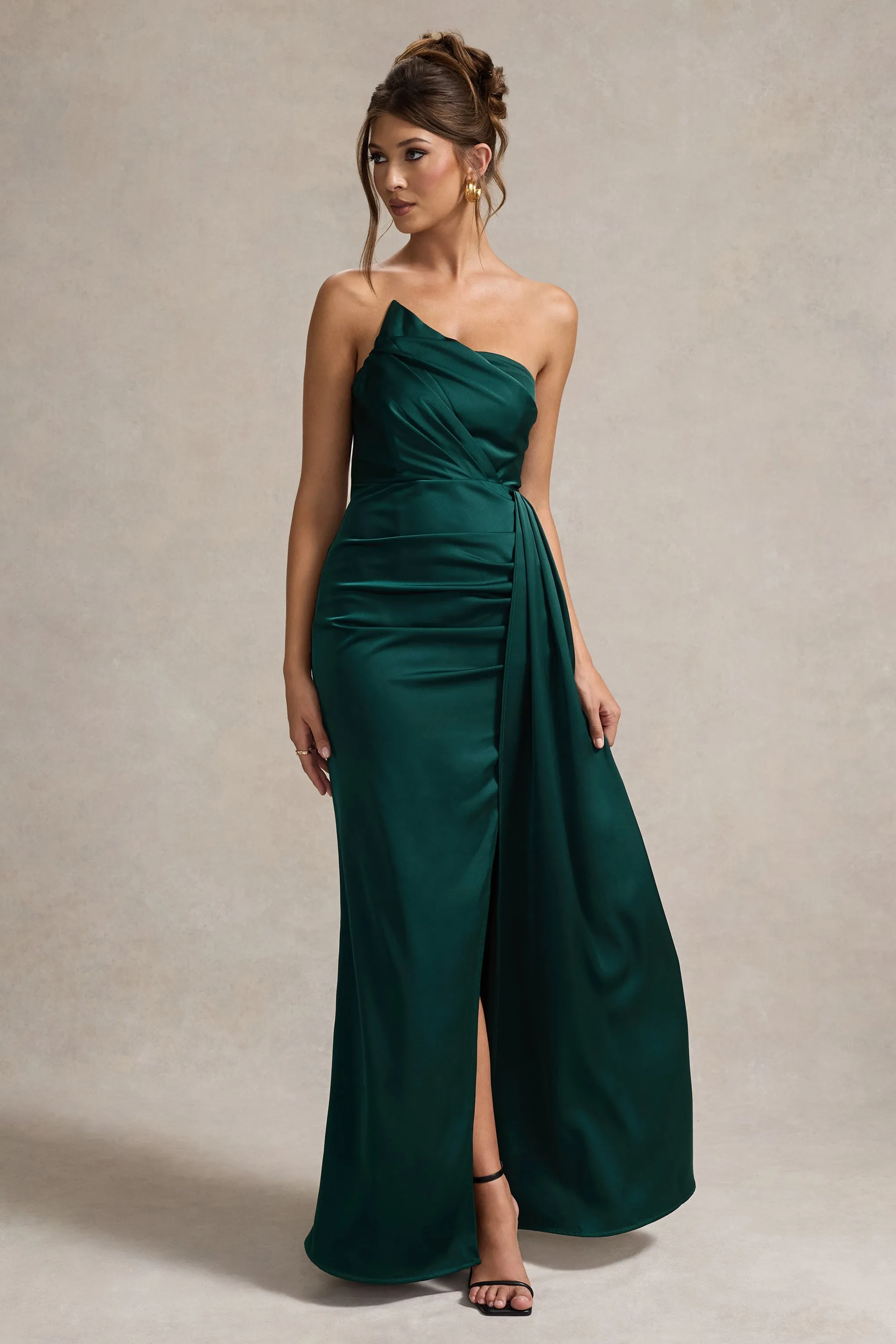 Hollywood | Robe longue bustier en satin vert bouteille avec drapé