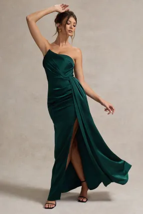 Hollywood | Robe longue bustier en satin vert bouteille avec drapé