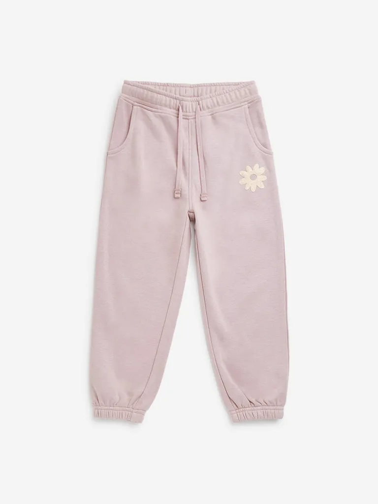 HOP Kids Dusty Pink Floral Design High-Rise Cotton Blend Joggers