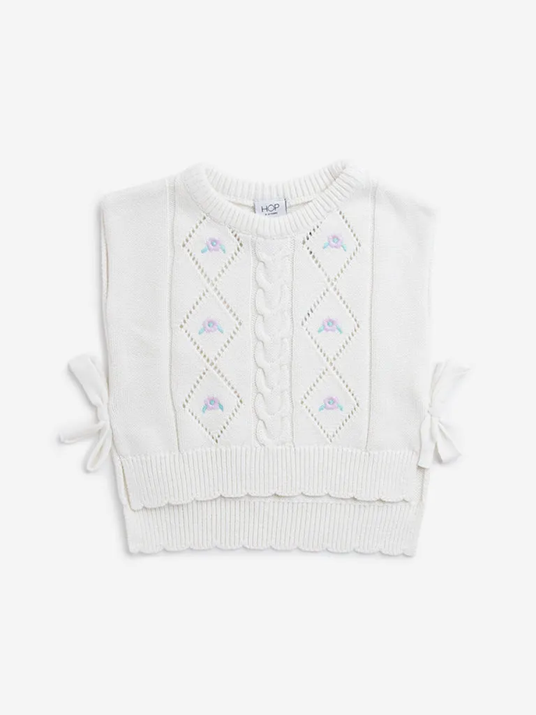 HOP Kids Off-White Embroidered Knitted Cotton Sweater