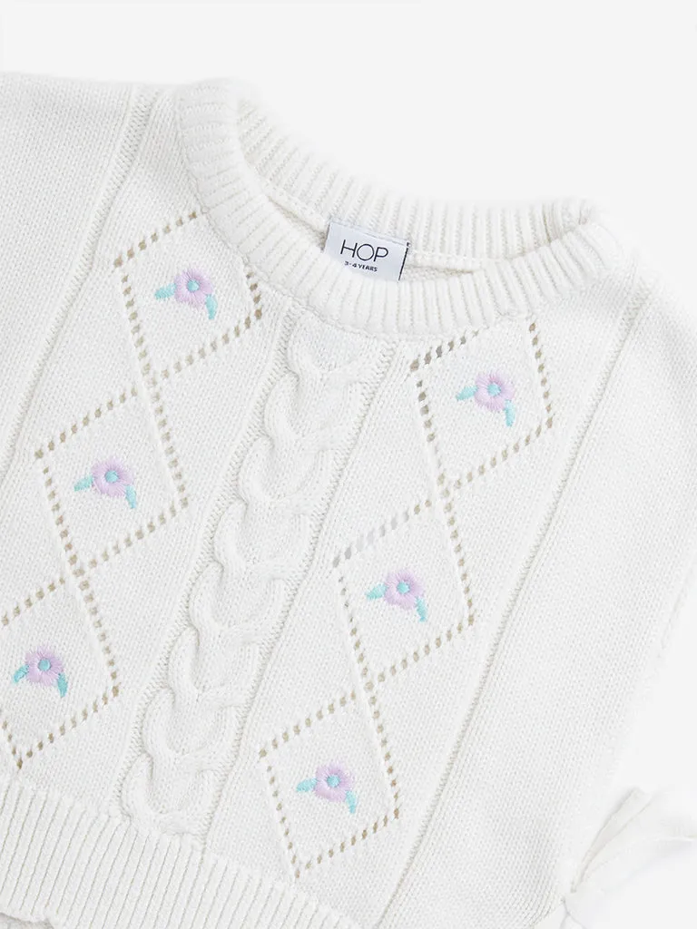 HOP Kids Off-White Embroidered Knitted Cotton Sweater