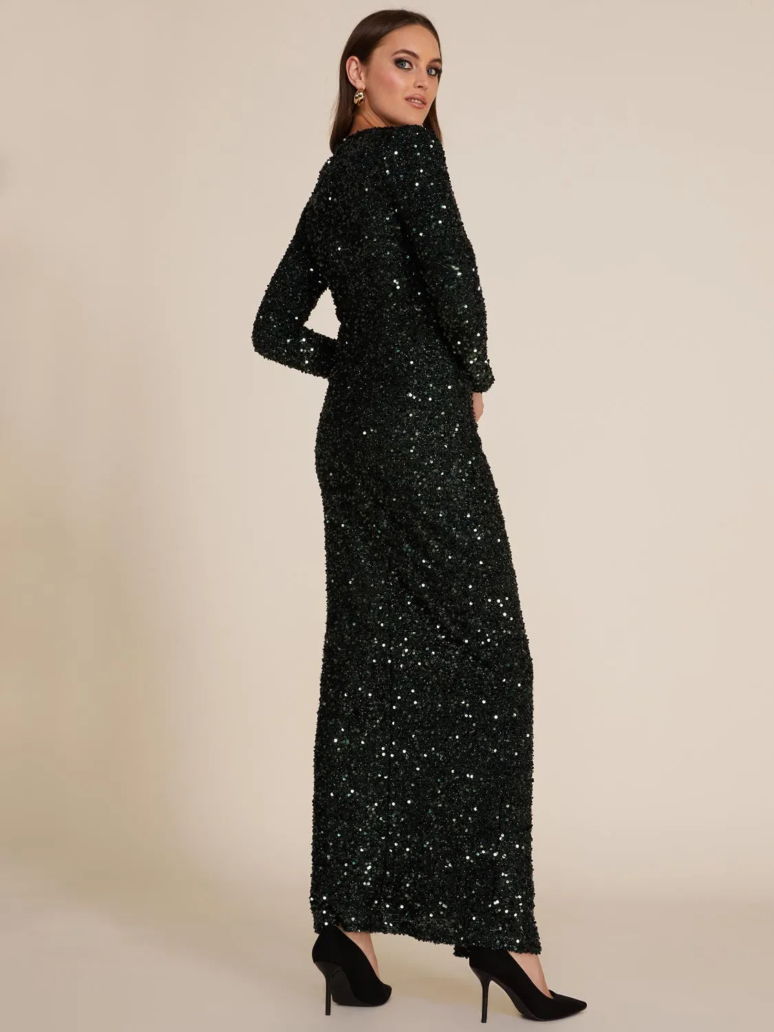 Long Sleeve Sequin Gown With Wrap Skirt