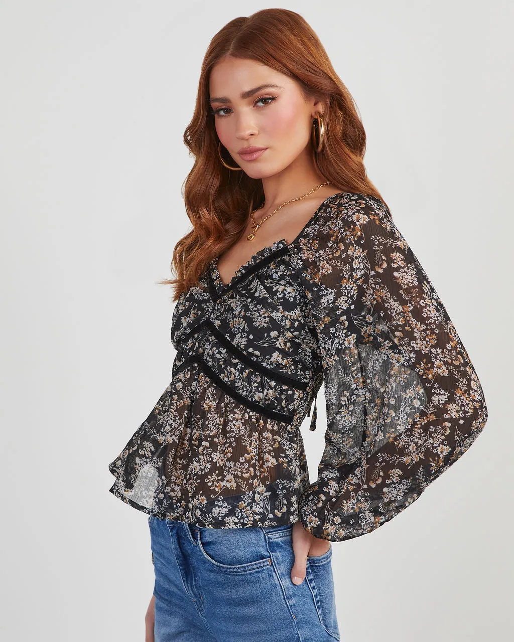 Love Charm Velvet Trim Floral Blouse