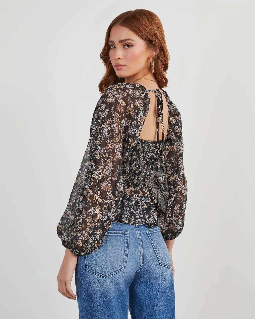 Love Charm Velvet Trim Floral Blouse