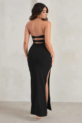 Manon | Robe longue bandeau noire en cur avec fente sur la cuisse