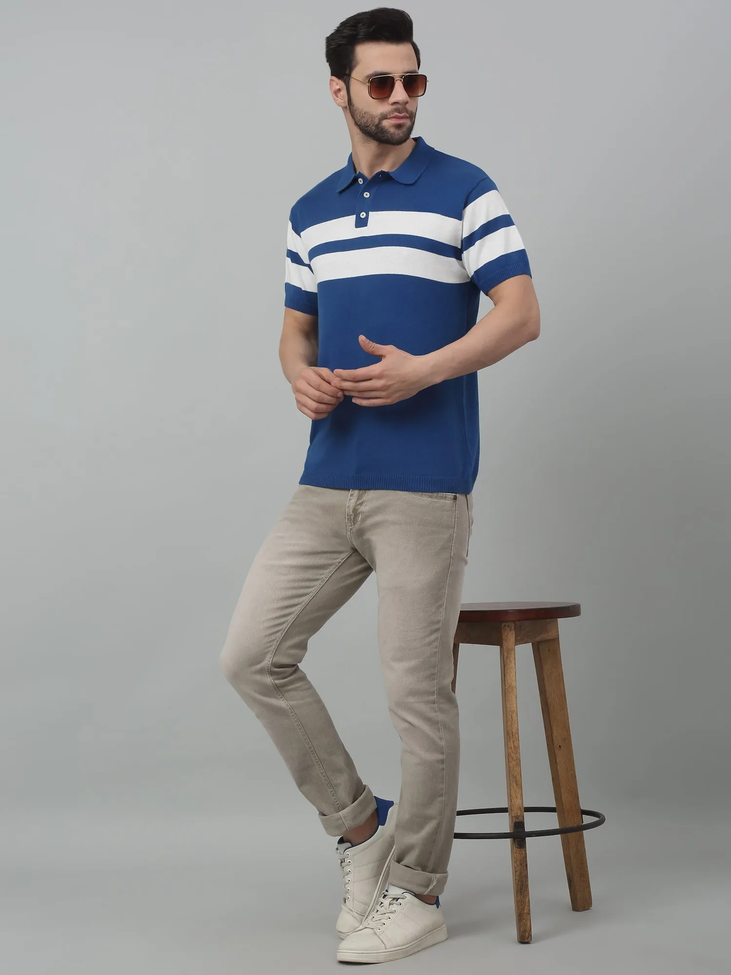 Men's Royal Blue Stripe Polo neck Half Sleeve Flatknit T-Shirt