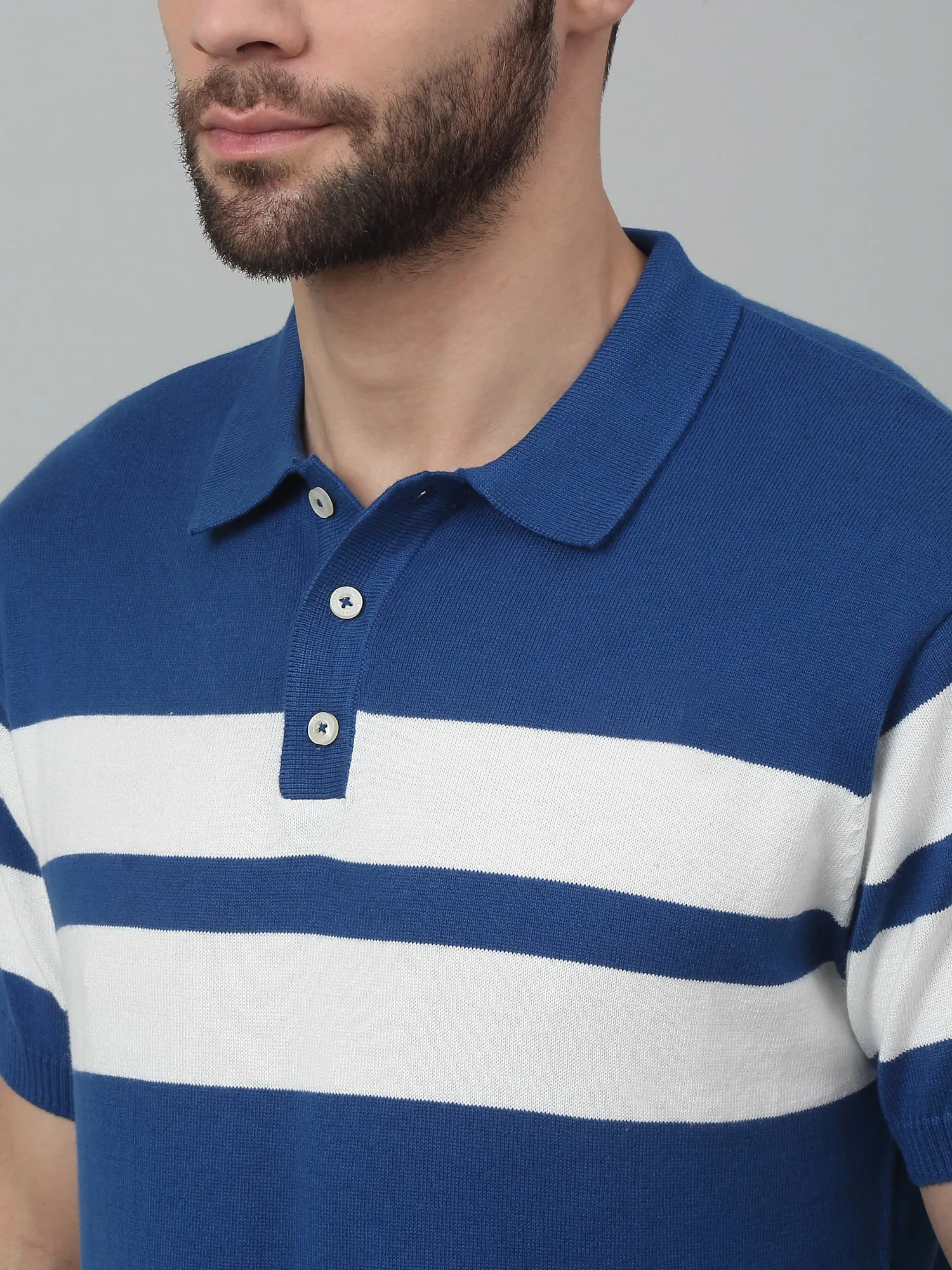 Men's Royal Blue Stripe Polo neck Half Sleeve Flatknit T-Shirt