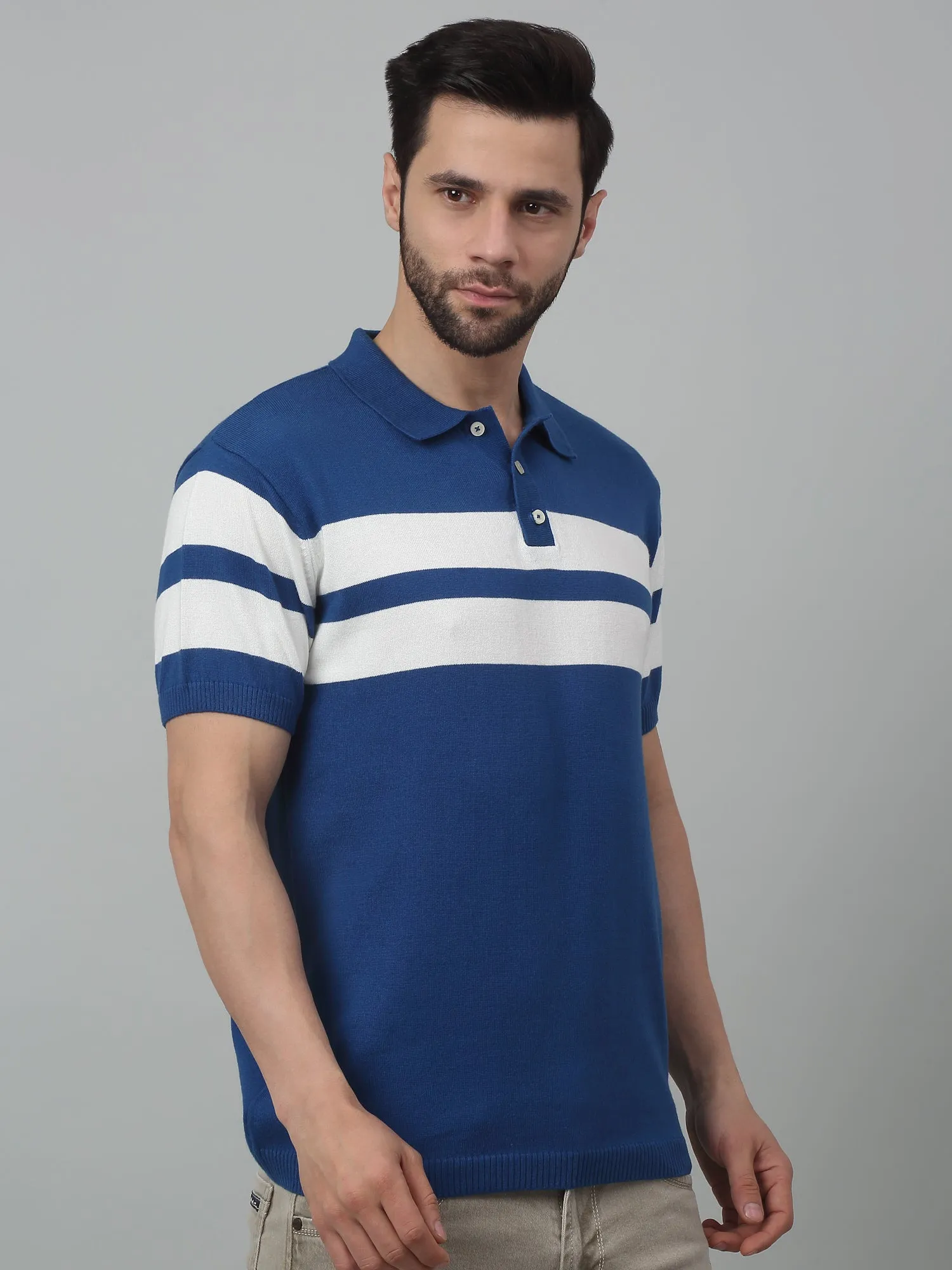 Men's Royal Blue Stripe Polo neck Half Sleeve Flatknit T-Shirt