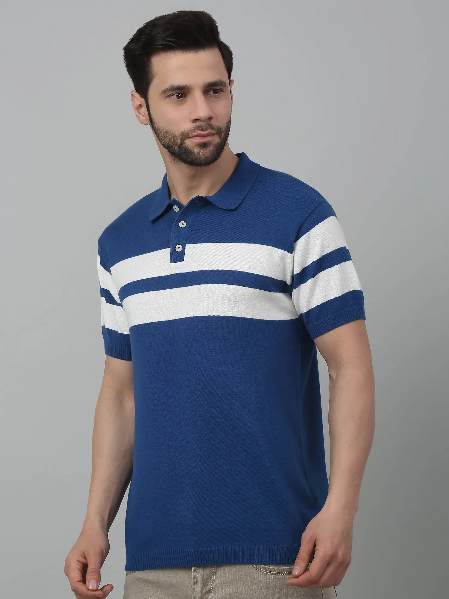 Men's Royal Blue Stripe Polo neck Half Sleeve Flatknit T-Shirt