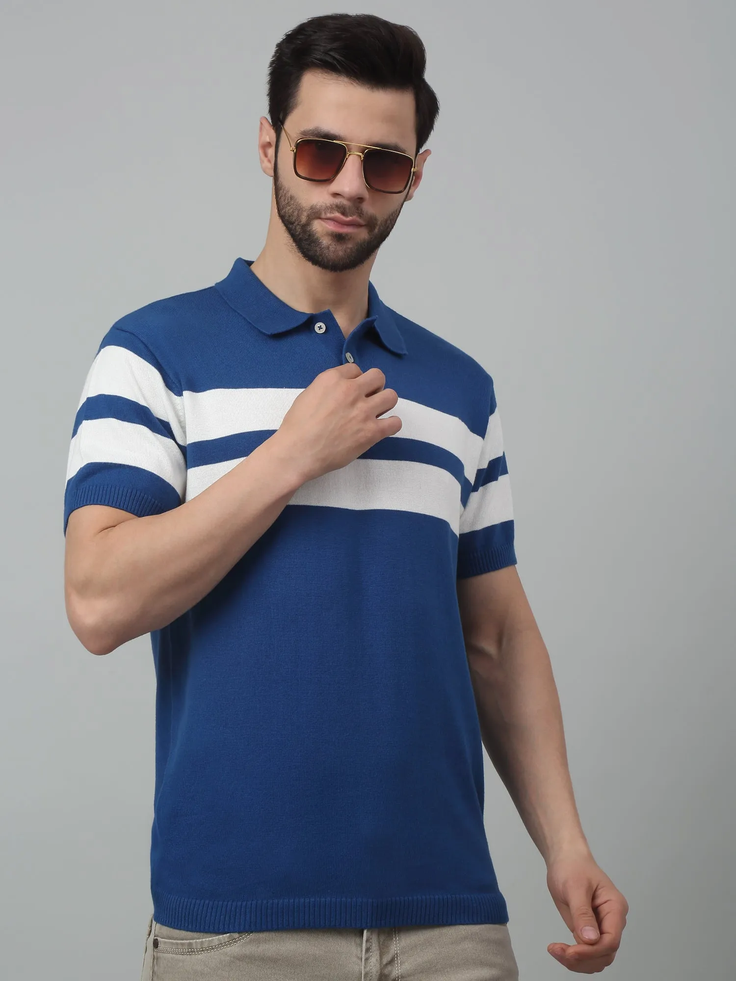 Men's Royal Blue Stripe Polo neck Half Sleeve Flatknit T-Shirt